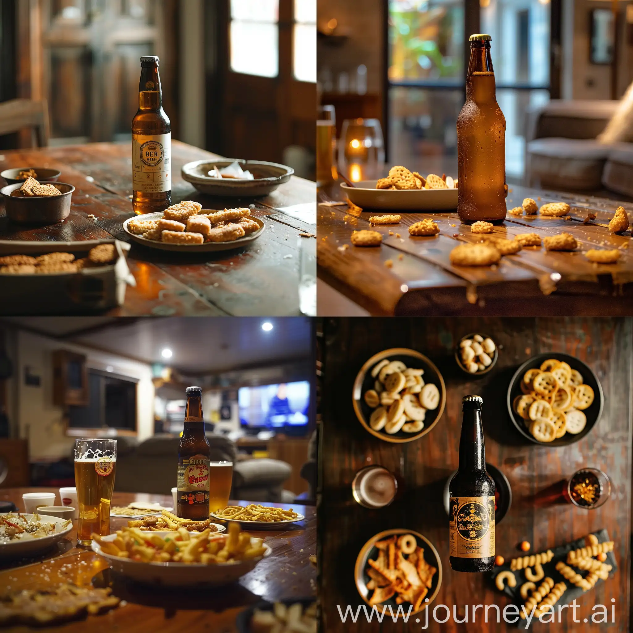 
There is a bottle of beer in the middle of the table with some snacks