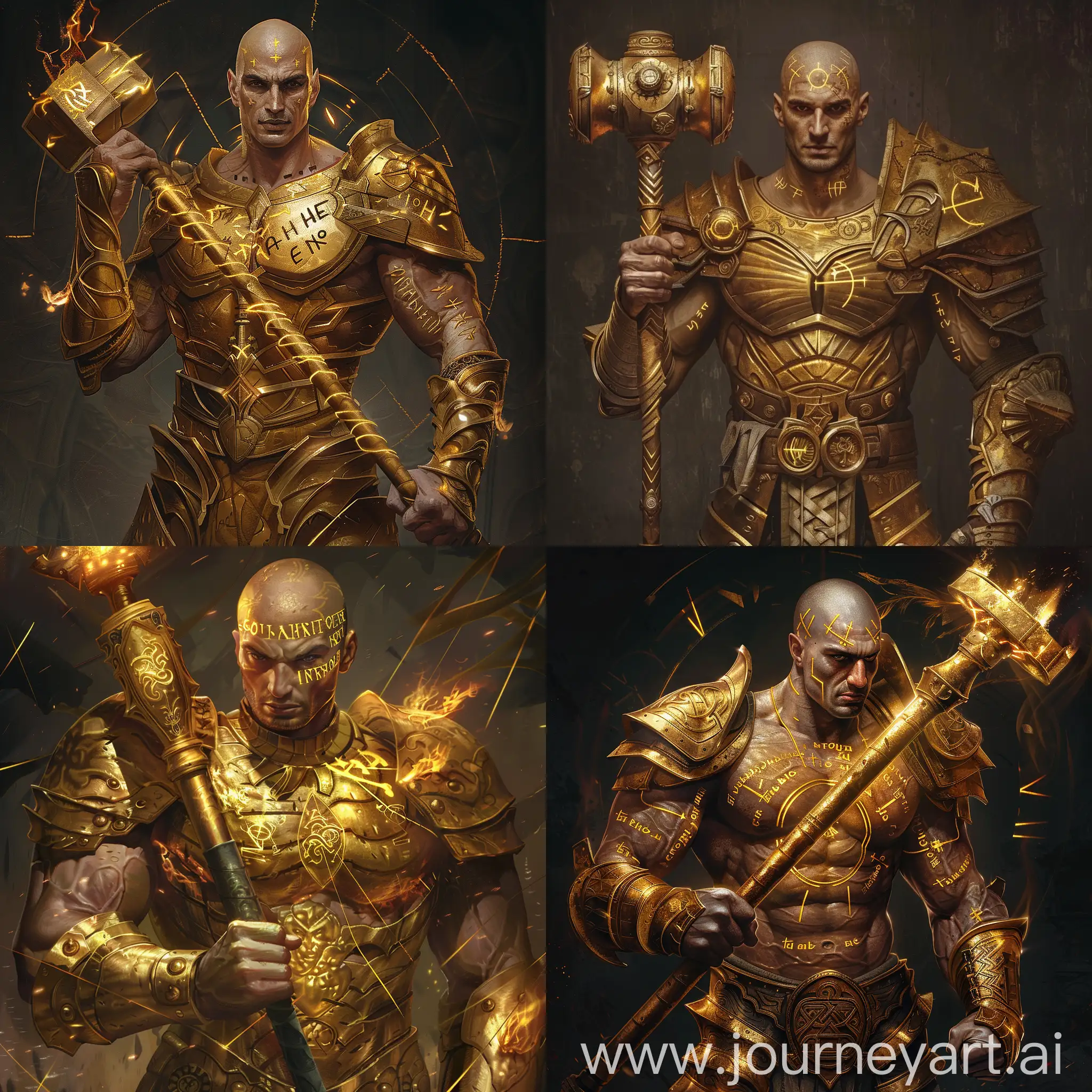 beautiful man with ideal face features; holding massive two handed golden flanged mace, golden tanned skin; golden text tattoo; golden glowing lines of small latin symbols on his body, scalp and face; muscular; completely bald and shaved; paladin brass armor;  dark lines and circles engraved on massive plate armor; armor trim in the form of flame, white man