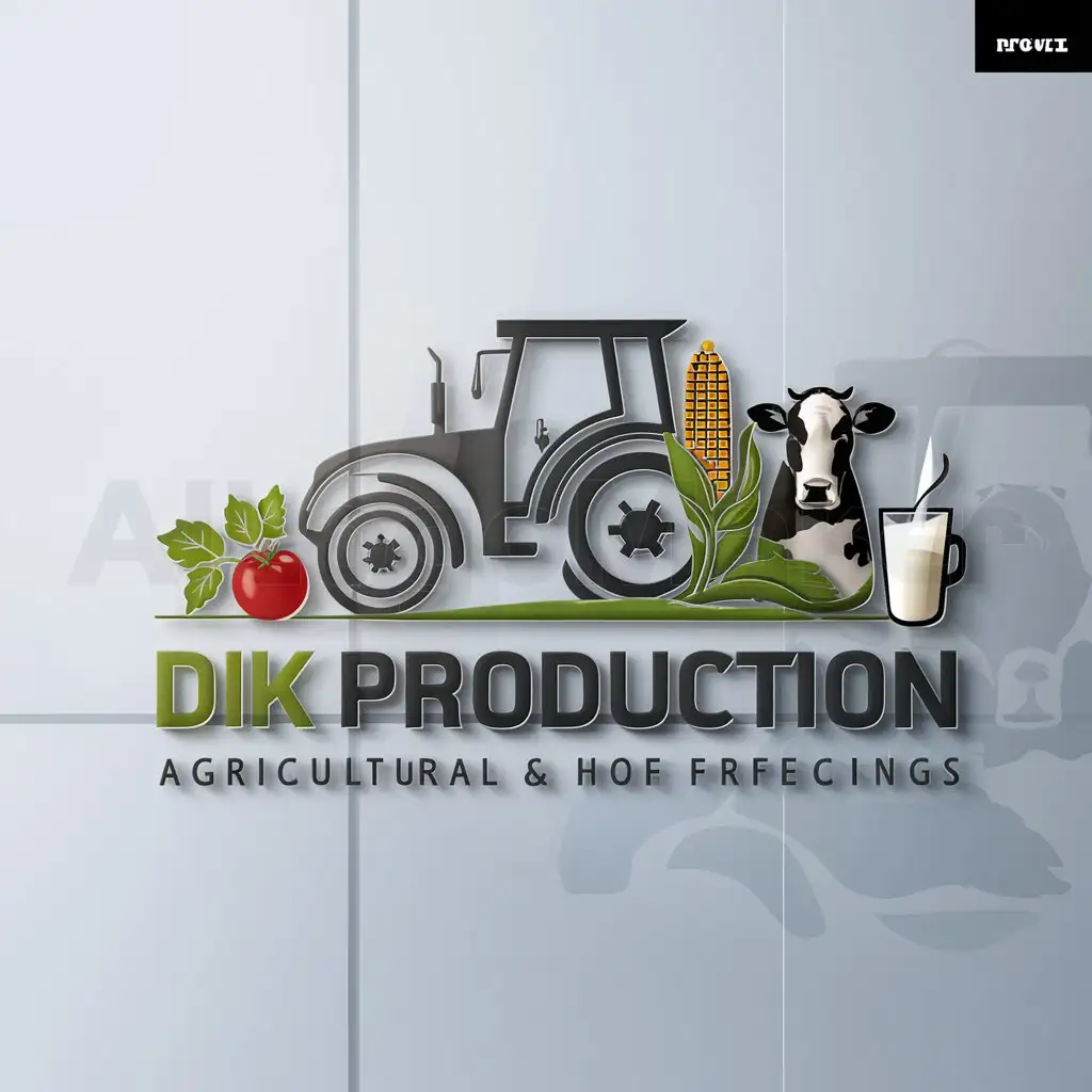 a logo design,with the text "Dik production", main symbol:Tracteur,maïse, tomate, vache and milk,Moderate,be used in Entreprise agricole industry,clear background