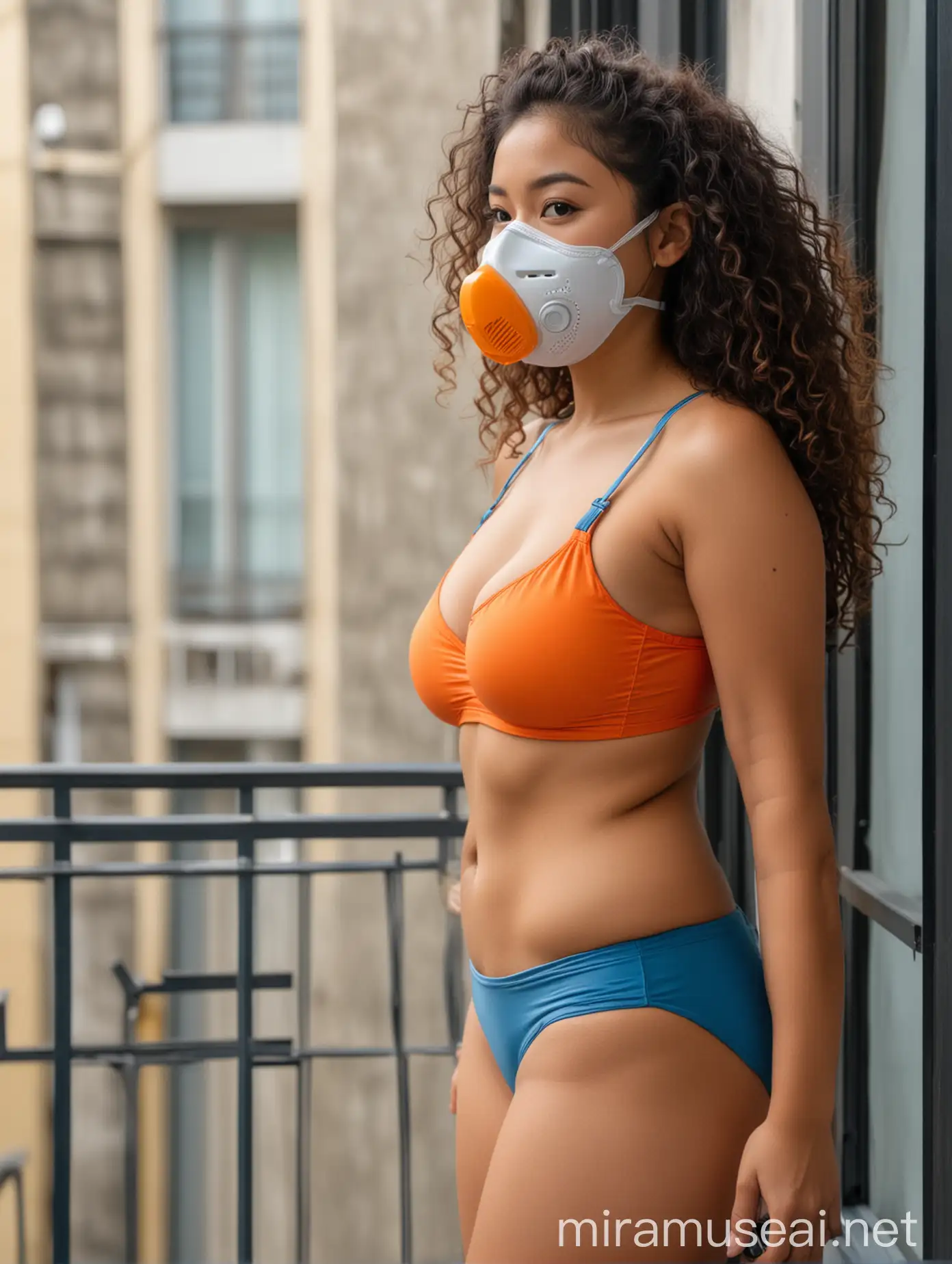 side view, an attractive, busty, bodacious, cute butt, college-aged curly haired filipino woman, in a respirator mask, flirtatiously standing on a balcony, in a blue padded sports bra, and orange french cut bikini bottoms