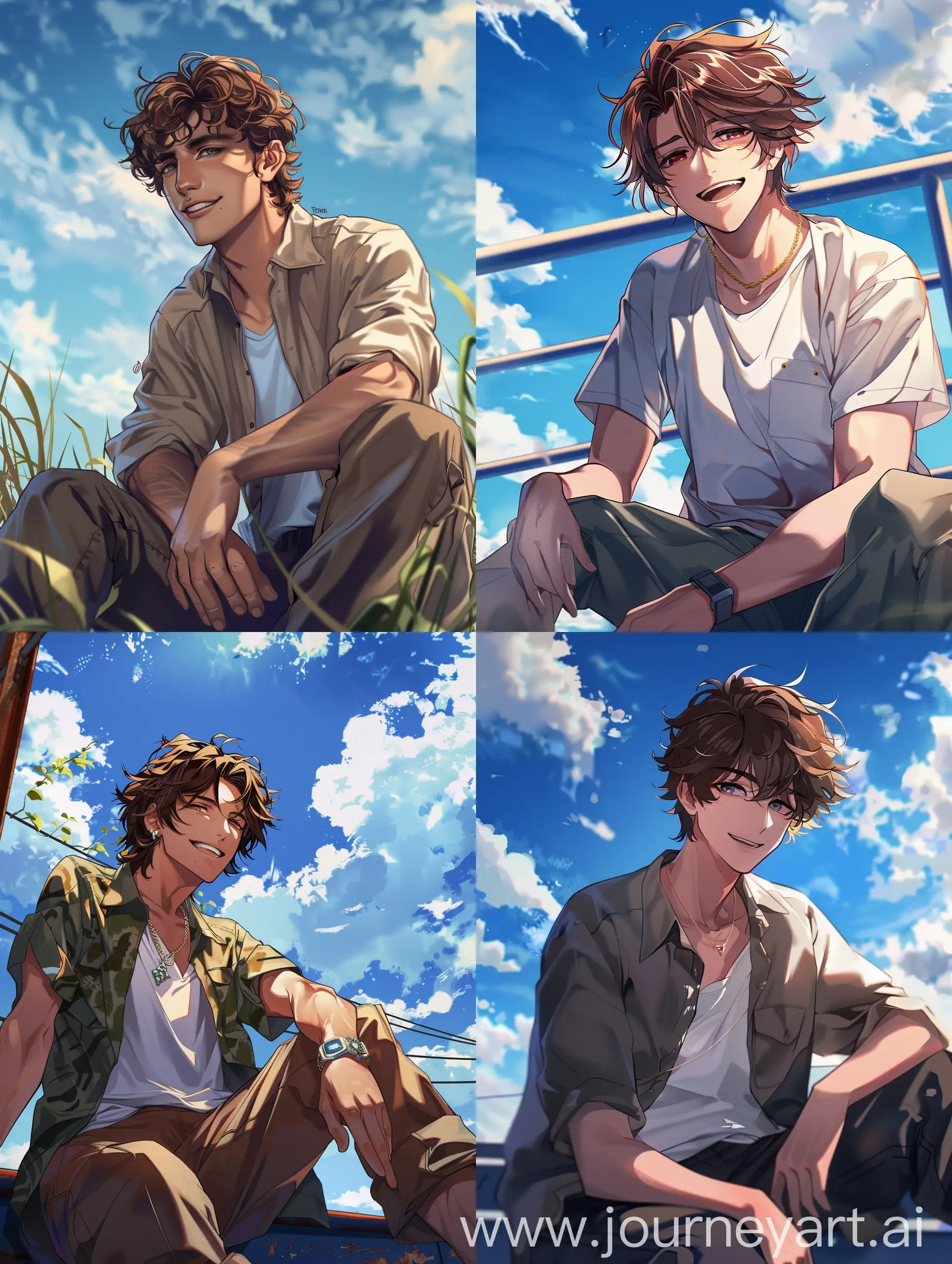 the brown-haired guy is sitting in the stands and gently grinning, he has a rather imposing pose and a charismatic face, warm light He looks at the viewer and says something to the beautiful blue sky behind him