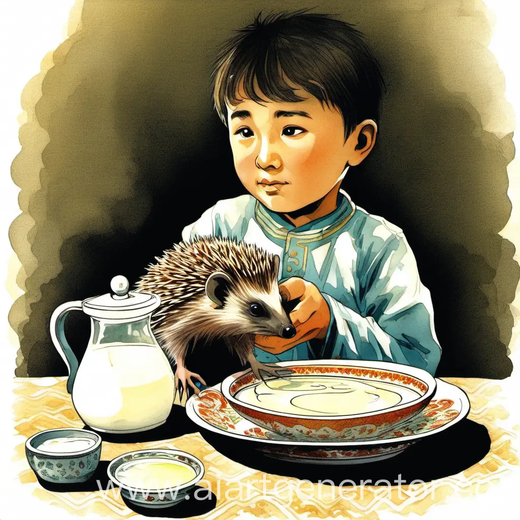 Kazakh-Boy-Feeding-Hedgehog-with-Milk-Heartwarming-Summer-Scene