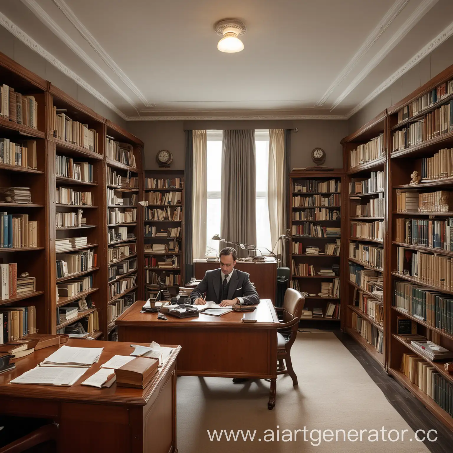 кабинет важного человека в стиле 1930 годов, в кабинете 2 шкафа с книгами, в конце кабинета рабочее место где сидит мужчина лет 40 и пишет на листе,обзор кабинета  с снизу вперёд