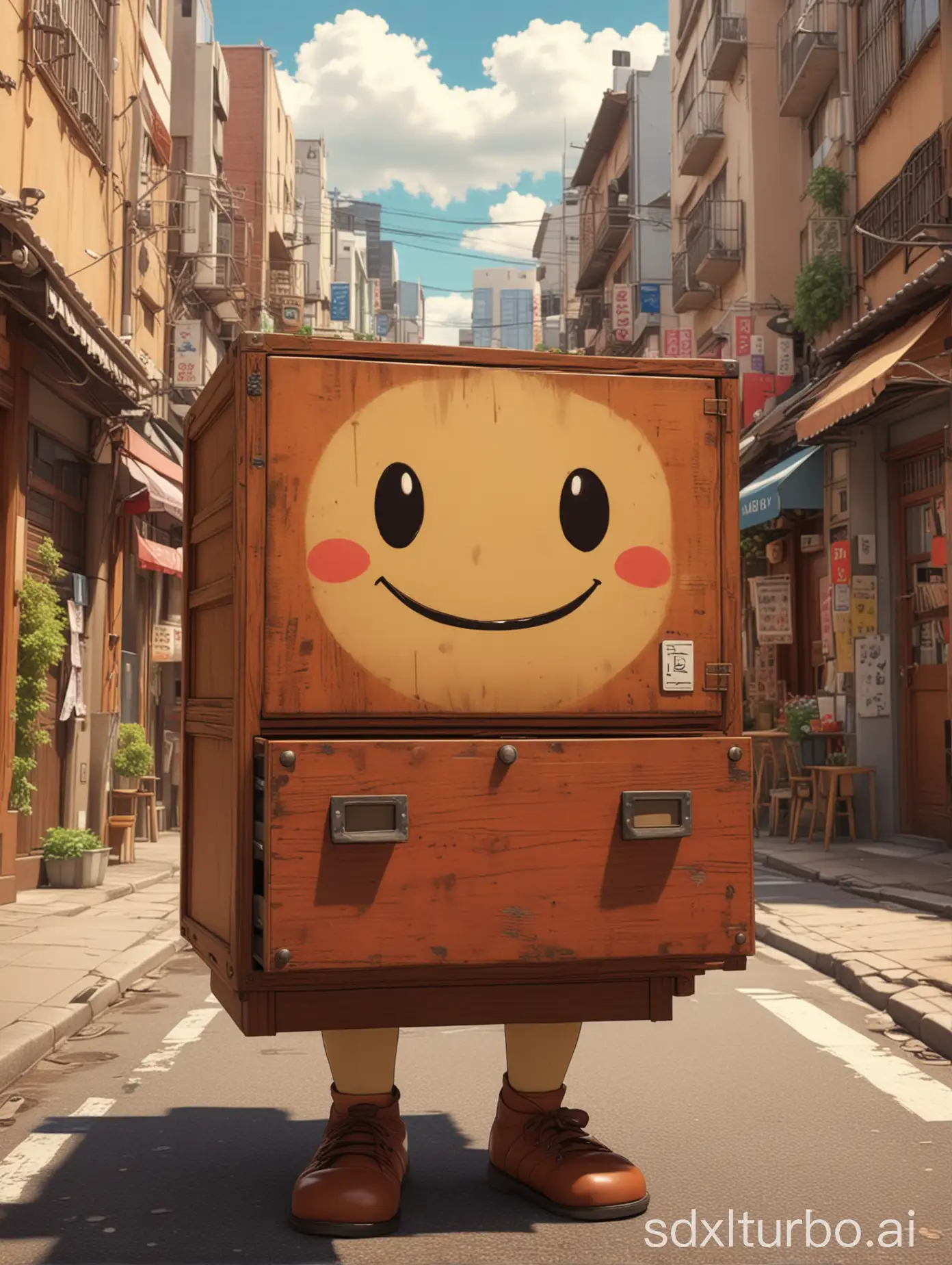 masterpiece, 4K, in a manga style of MiyazakiHayao,a smile face with hands and legs in a shape of a brown four-layer drawer,it merrily prancing along a lively and colorful street, cartoonish, bustling city backdrop, vibrant hues, playful and cheery atmosphere