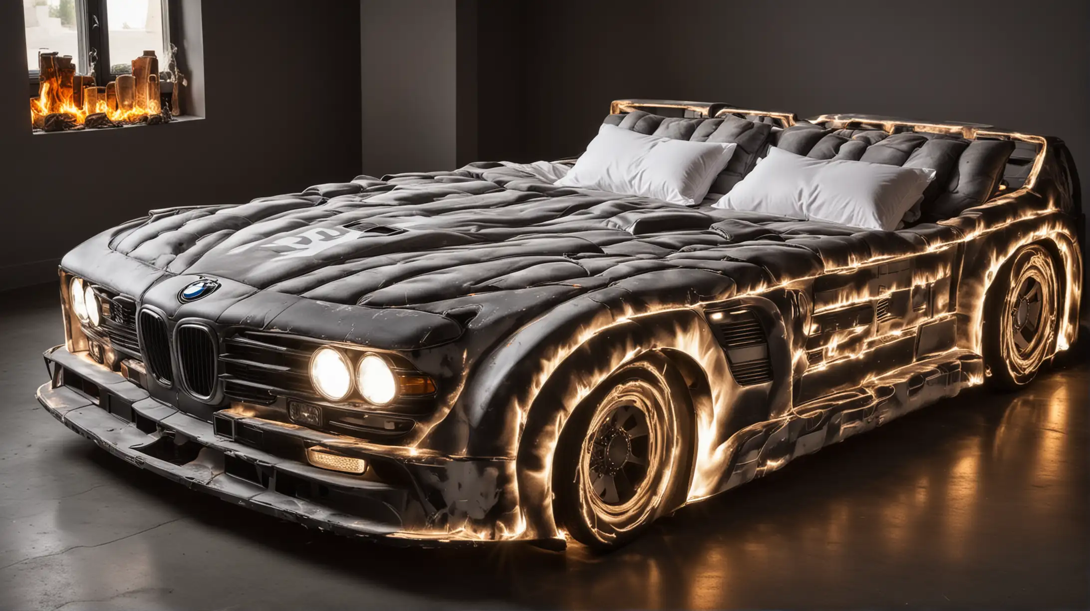 Double bed in the shape of a BMW car with headlights on and fire graphics