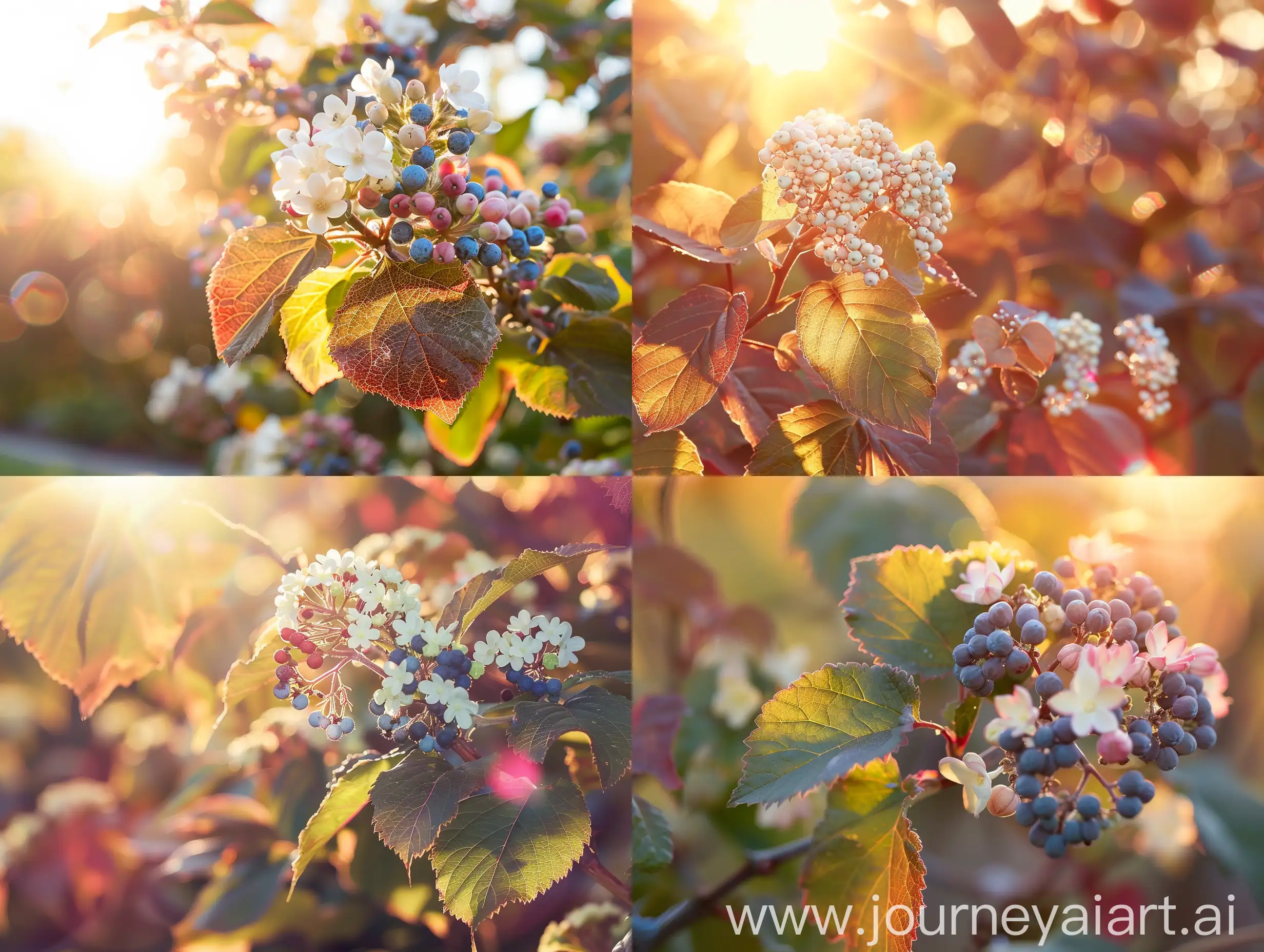 Close up high detailed photo capturing a Viburnum, Brandywine™. The sun, casting a warm, golden glow, bathes the scene in a serene ambiance, illuminating the intricate details of each element. The composition centers on a Viburnum, Brandywine™. Glossy green leaves turn wine-red in autumn. Clusters of pretty white flowers in spring form an eye-catching mix of pink and powder blue fruits in the fall. With bright ornamental berries, this native plant is very attractive to birds. Easy to grow in ful. The image evokes a sense of tranquility and natural beauty, inviting viewers to immerse themselves in the splendor of the landscape. --ar 16:9 