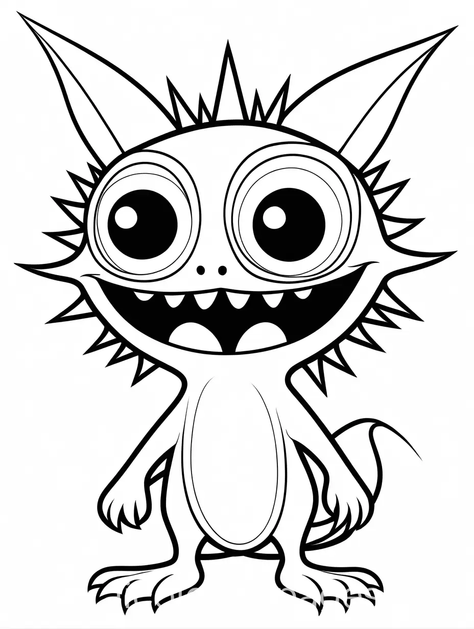 furry alien, hundreds of spikes, big eyes. big scary open drolling mouth, Coloring Page, black and white, line art, white background, Simplicity, Ample White Space. The background of the coloring page is plain white to make it easy for young children to color within the lines. The outlines of all the subjects are easy to distinguish, making it simple for kids to color without too much difficulty