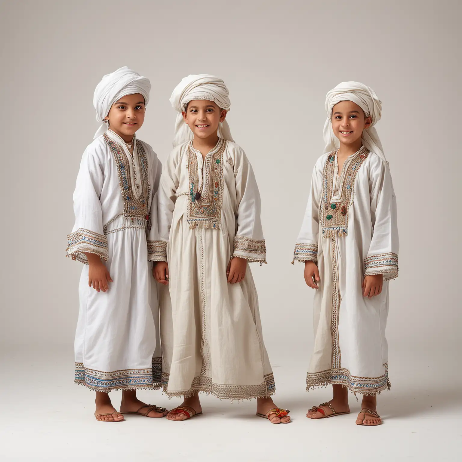 Three moroccan children in traditional clothes, playing, full standing figures, white neutral background