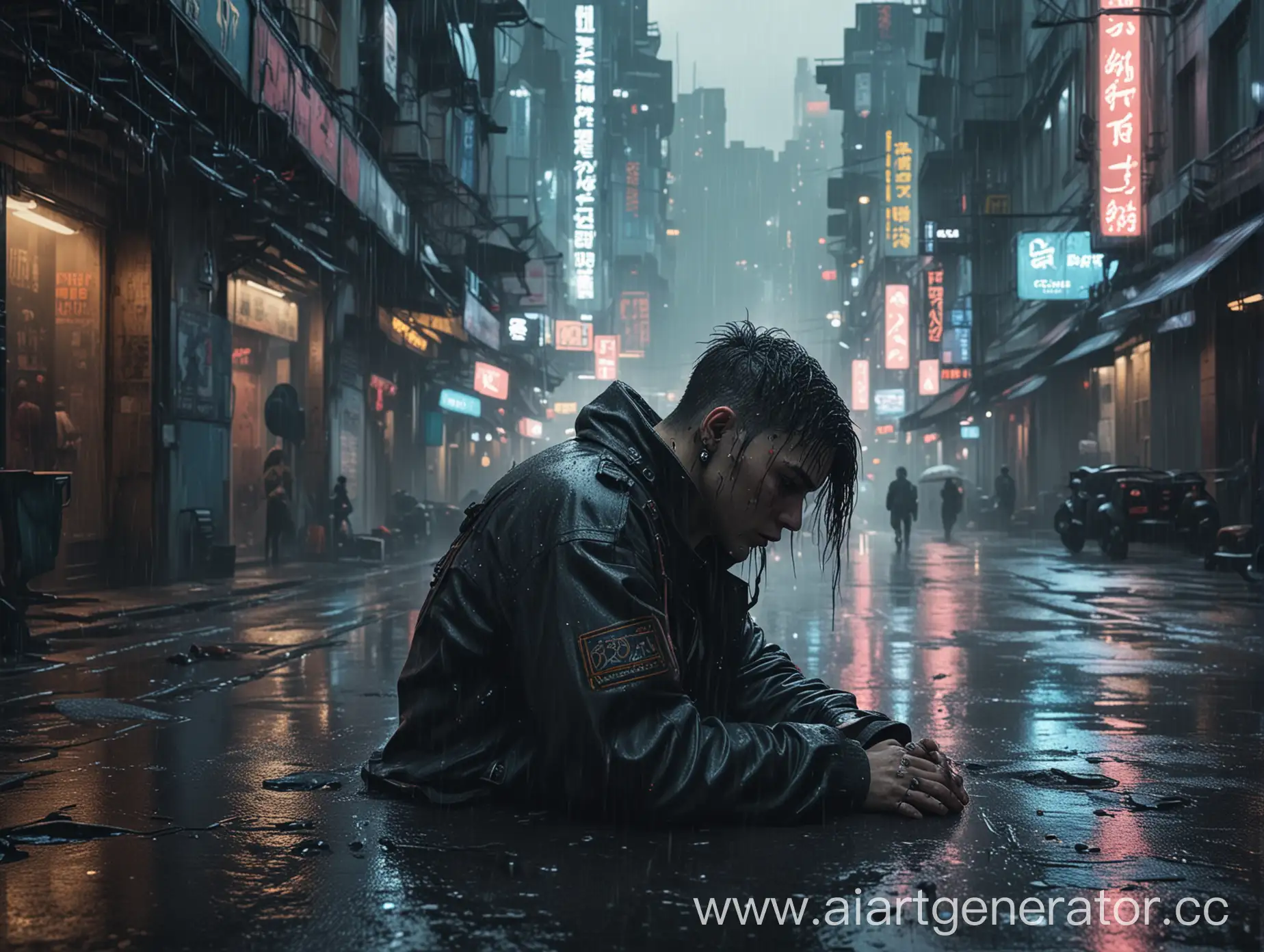 задний фон города в центре человек с опущенной головой в низ на улице должен идти дождик в стиле киберпанка 
