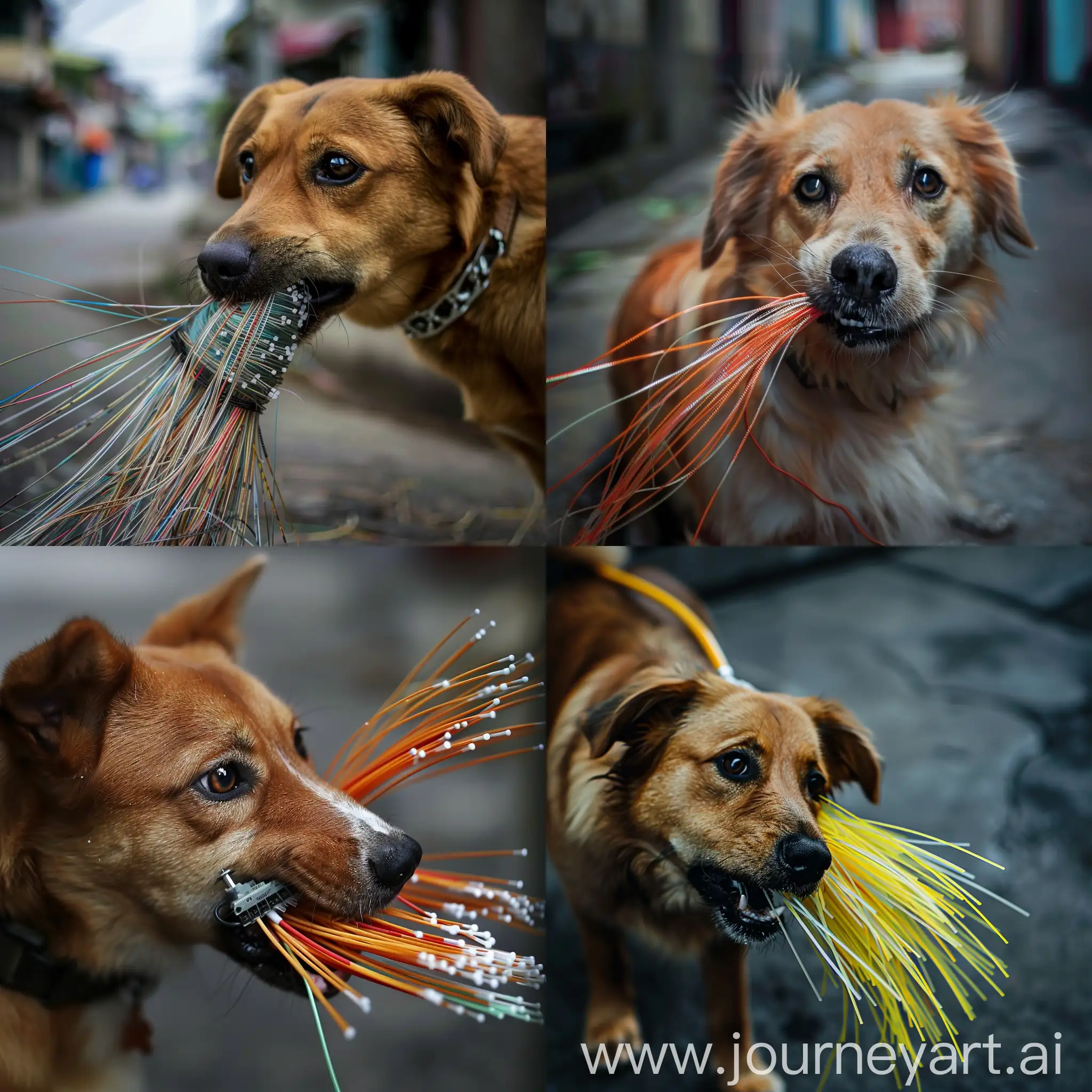 A dog is eating a optical fiber wire in Street