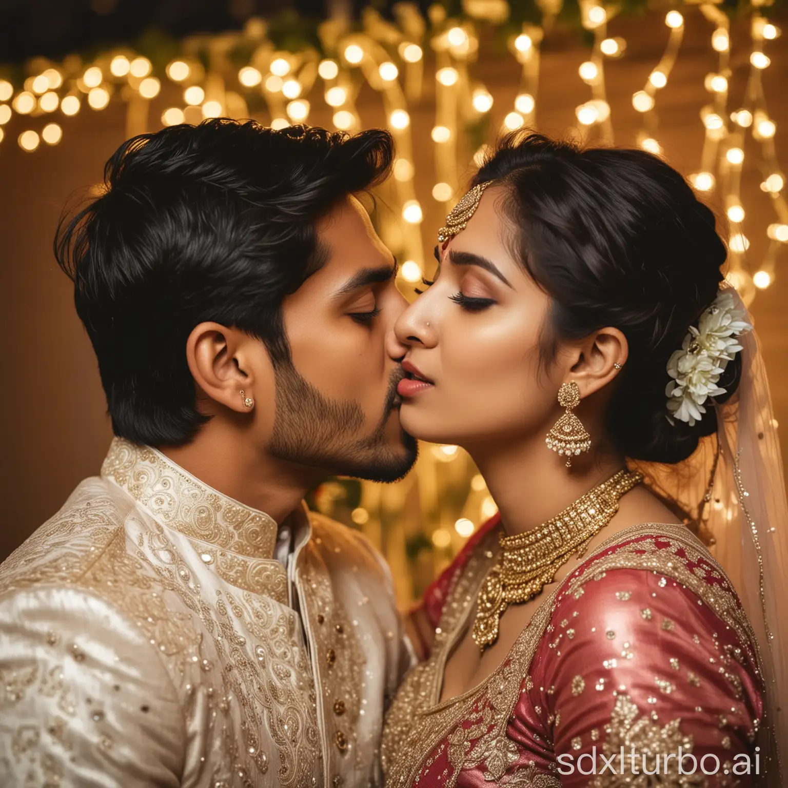 20 years old young indian bride kissing in lip with 25 years old handsome groom, in a engagement, night party lights, at gardern ,