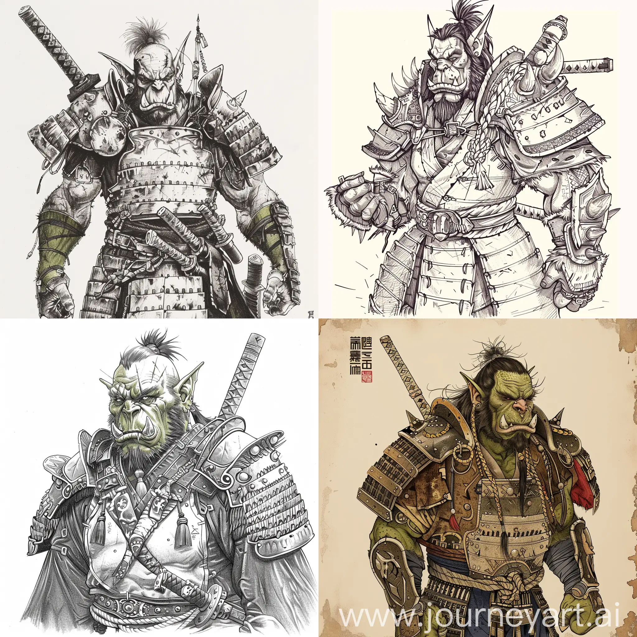 Орк mag'har blademaster из клана Burning blade Clan, из вселенной World of Warcraft, одет в броню Samurai с sashimono за спиной. Нарисуй его в classic japanese style