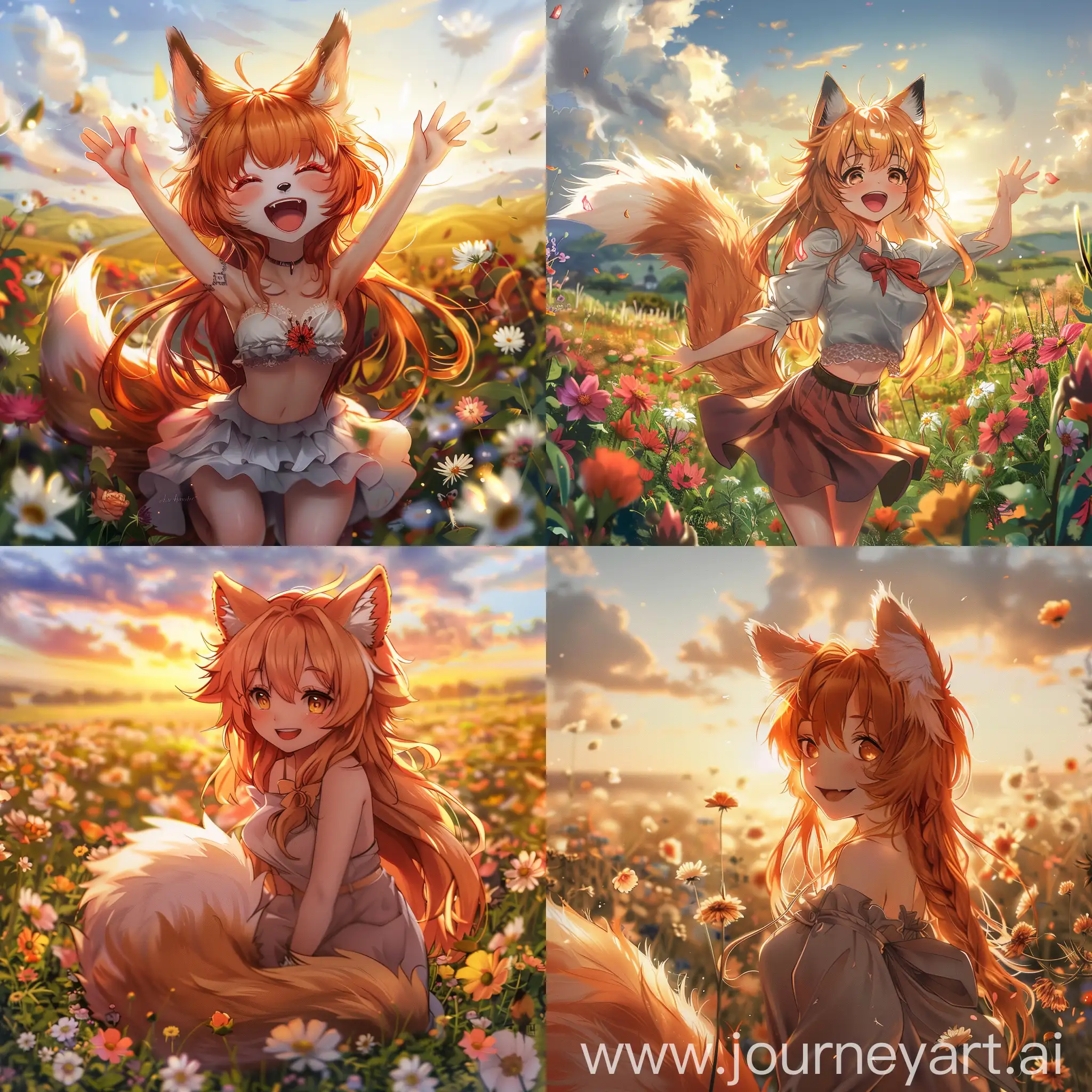 fox girl, fluffy fox tail, fluffy hair, cute face, happy, flower field, morning, anime style
