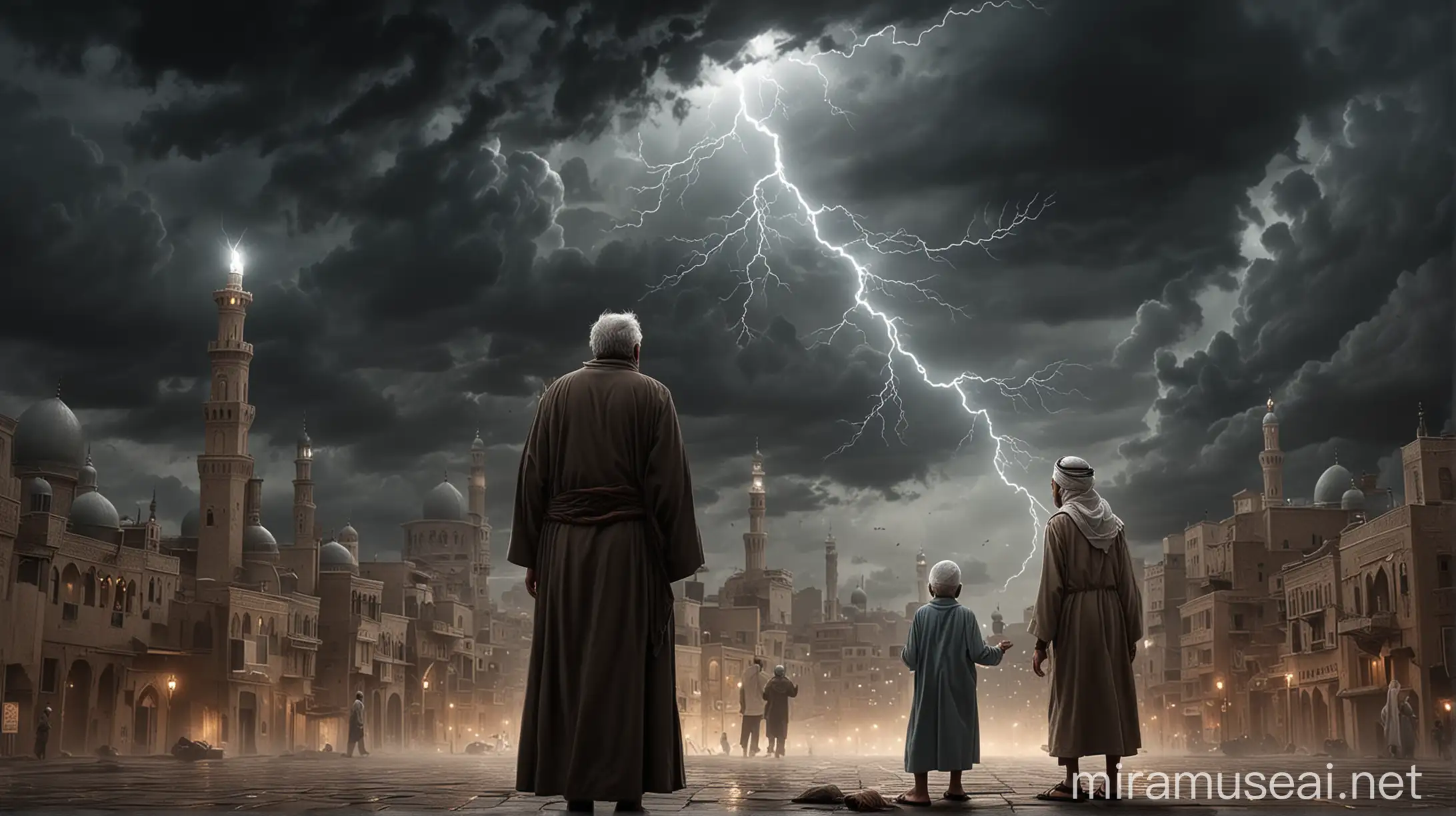 Scene Description: A dark, stormy sky over a city with lightning striking in the distance. In the foreground, a wise, elderly man with a serene expression is teaching a group of young children about the consequences of challenging Allah. Illustrations from the Quran are depicted in the background as ethereal, glowing images. Key Elements: Stormy sky, cityscape, lightning, elderly teacher, children, Quranic illustrations. Mood/Theme: The power and majesty of Allah, the importance of teaching and learning, the contrast between divine power and human humility