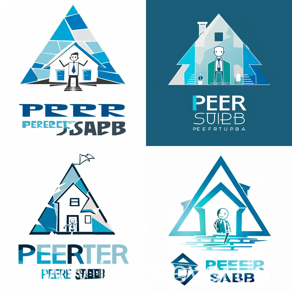 Создай логотип в виде дома с треугольной крышей и под ним Стикмен в педжоке и галстуке и снизу надпись Питер стаф в белом синих голубых тонах