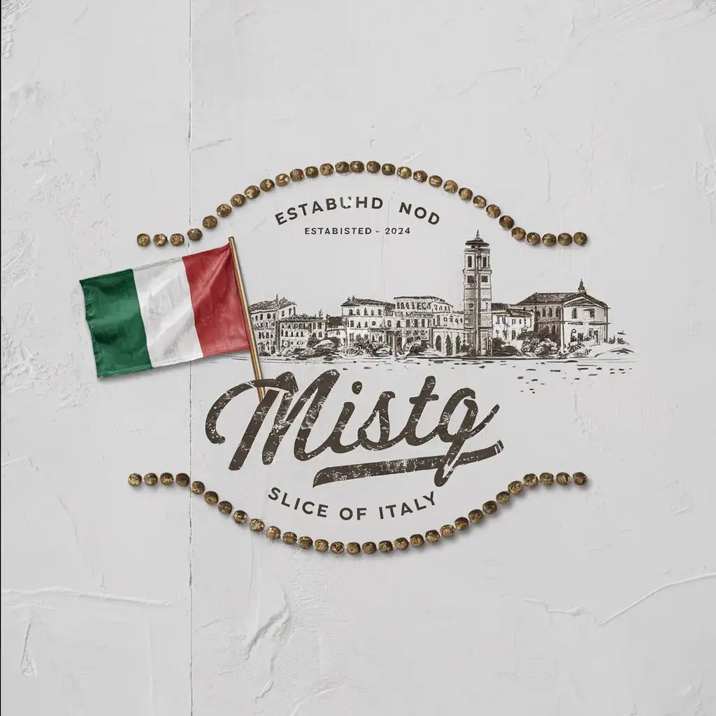 Authentic Italian Pizzeria Emblem with Sketched City and Vintage Elements