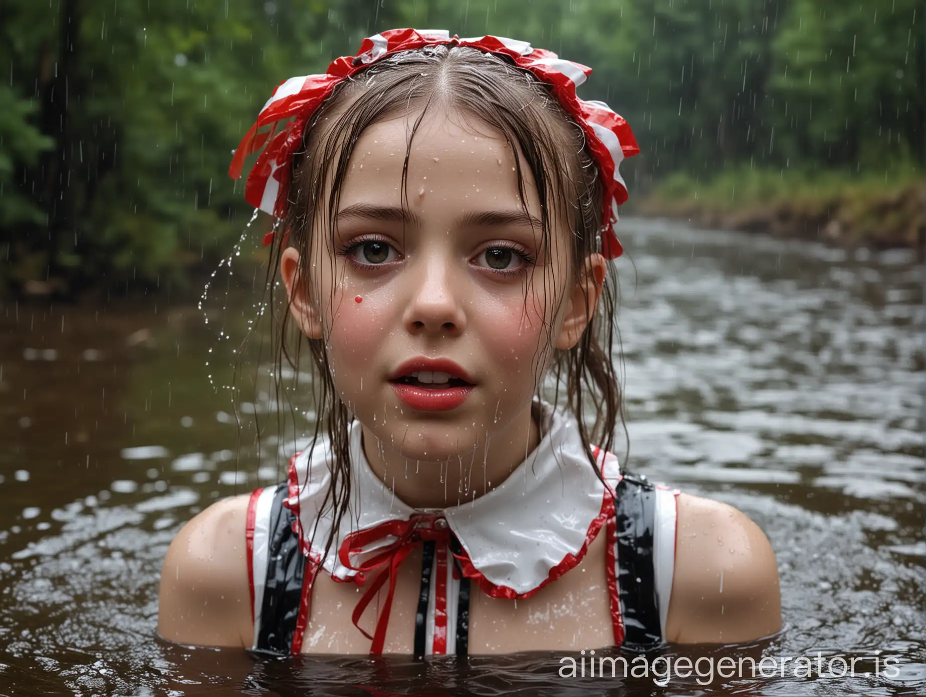 hyperrealistic image in the highest quality. little 10-year-old french girl. childlike, extremely skinny body. extremely white skin. big darkbrown eyes. mouth wide open. lips extremely shiny and glossy by a lot of the shiniest red lipgloss. the girl is bathing in a forest lake during heavy rain. her clothes are floating in the lake. face, hair and the whole attire is totally soaked. mouth filled with rain she is wearing an extremely shiny latex sweet lolita outfit. striped in red, white and black. collared and totally closed up. shiny latex ribbon over the collar, big shiny latex lolita ribbon and wet latex veil in the hair over the dress she wears a shiny latex pinafore to complete the doll like and innocent appearance. she wears no jewellery. no elements made of metal.