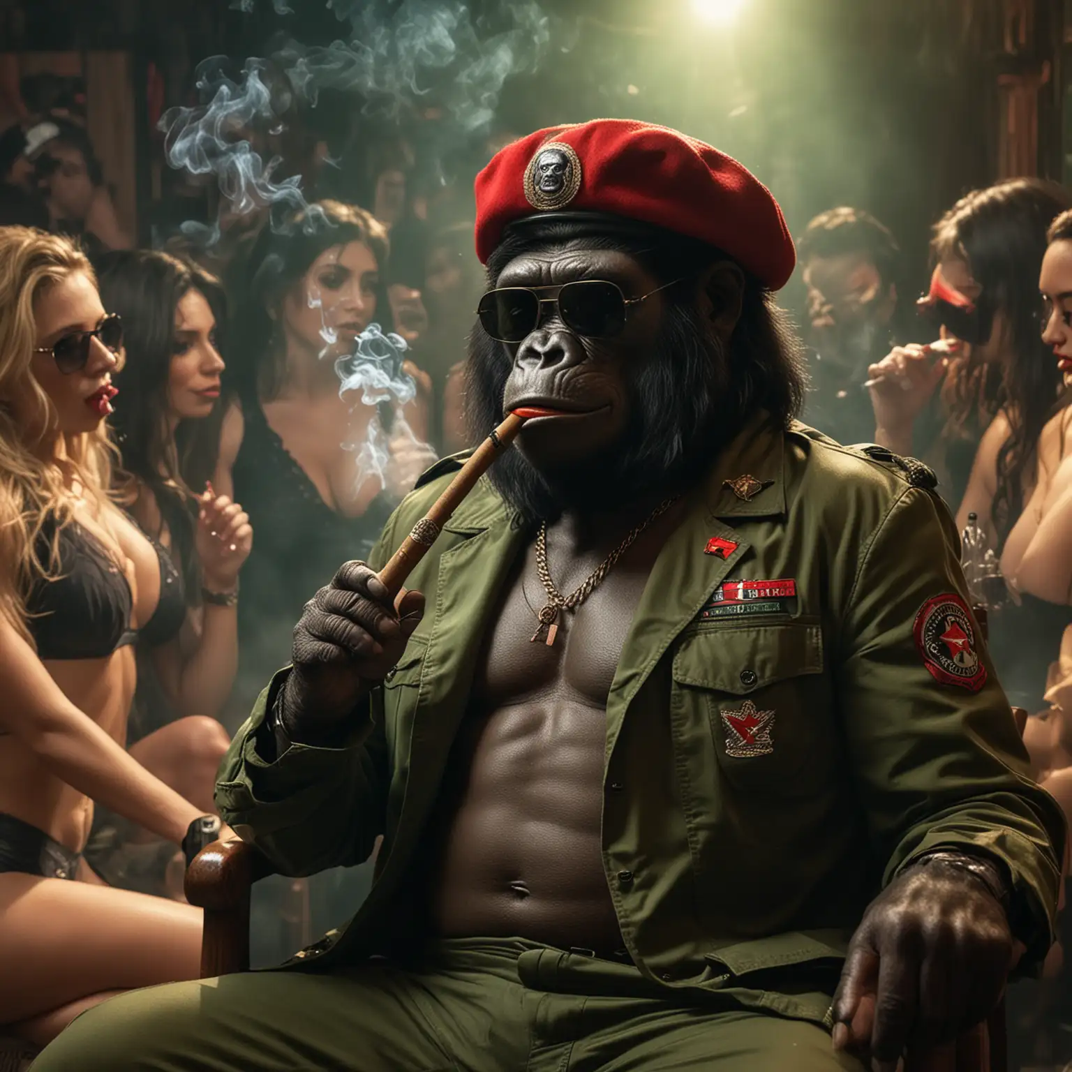 The gorilla is Sitting on a chair surrounded by sexy  women in bikini inside a nightclub environment. he is lighting up a cuban cigar. The gorilla wears dark sunglasses and military green jacket like Che Guevara. he is wearing black beret hat. he smokes. Close up. cinematic. FACING THE CAMERA. party-latino. real, perfect lightning, detailed