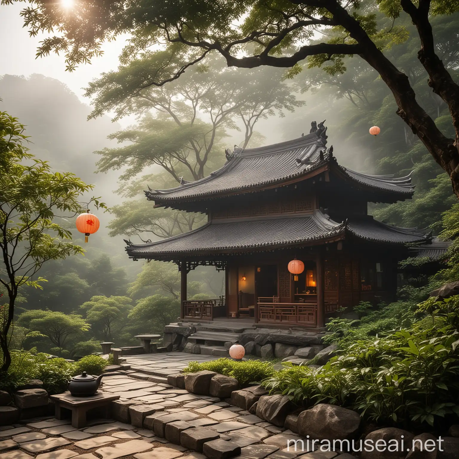 a misty mountain peak, Amidst the greenery a tea house made in a Chinese style, built from dark wood, Tiled roof, Delicate paper lanterns hang outside casting a warm glow, Inside a peaceful monk sitting on a tatami mat preparing tea, Sunlight streams through the sky illuminating the steam rising from the teapot