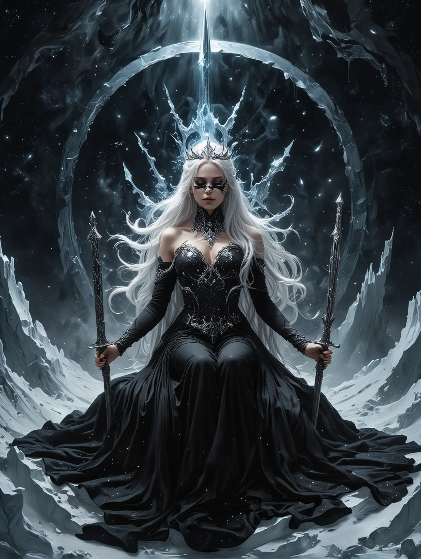 Goddess-on-Ice-Throne-in-Space-with-Black-Hole-Backdrop