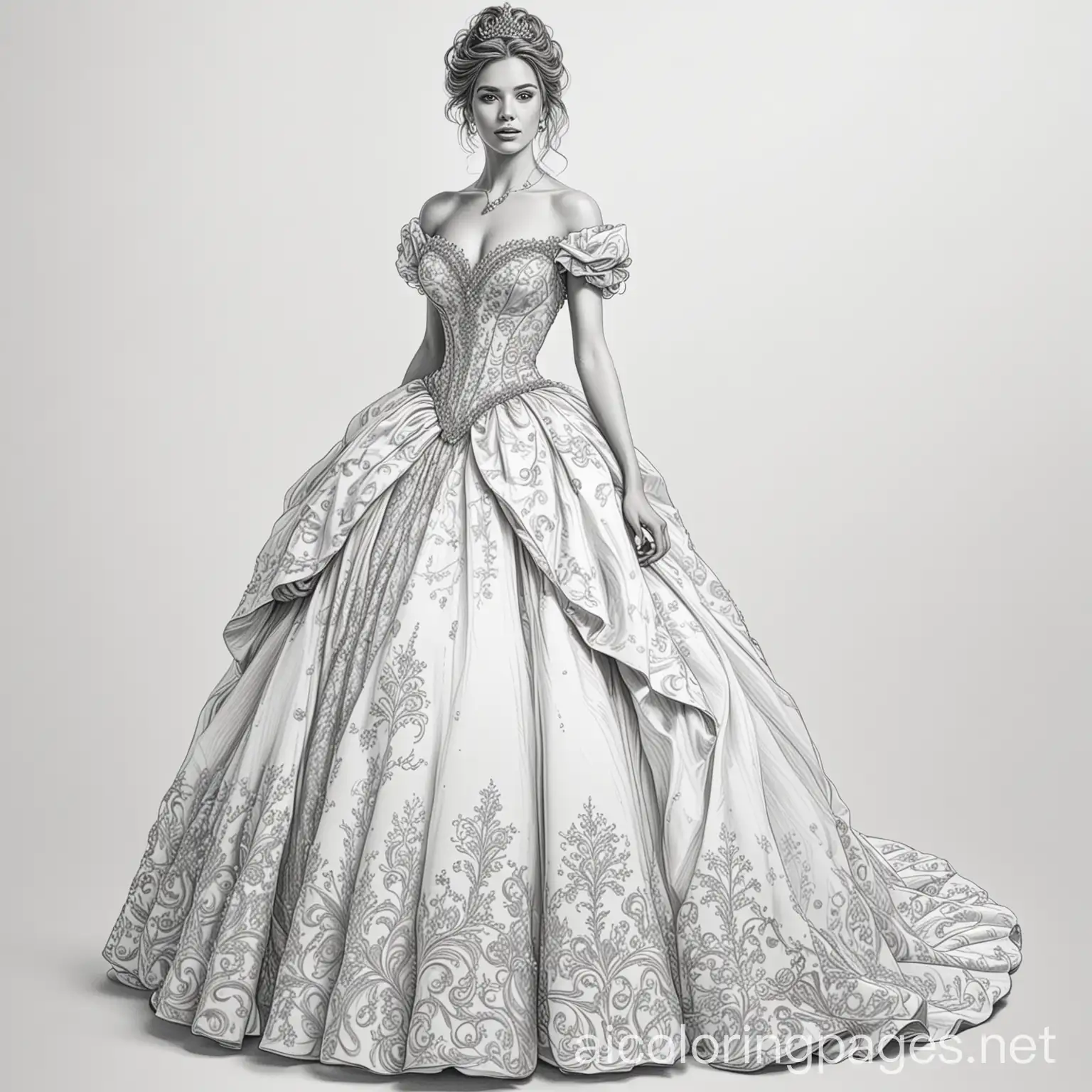 A detailed young woman with an extravagant ballgown, Coloring Page, black and white, line art, white background, Simplicity, Ample White Space.