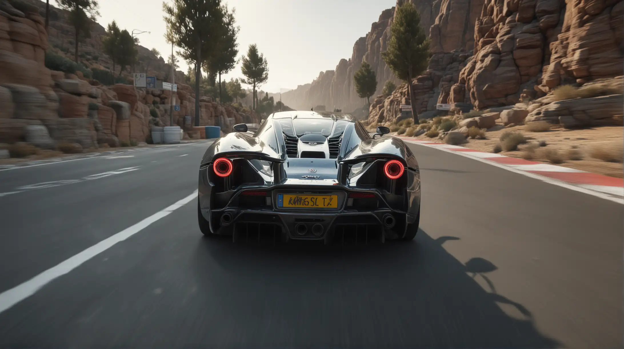 Generate a 4K hyperrealistic image in a first person pov, of a someone racing in a super car.