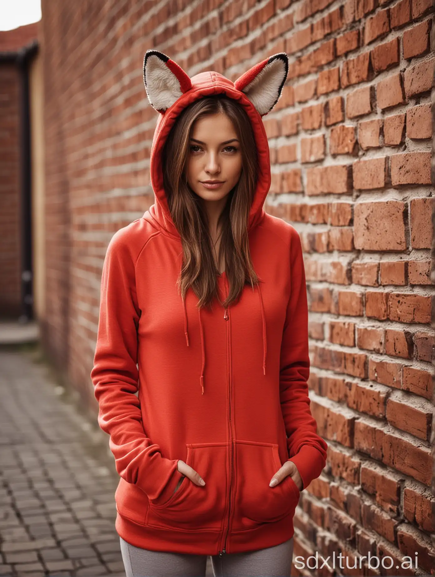 woman, medium brown hair, slim body, small breast, wearing red fox animal sexy hoodie with ears, standing in front of brick wall, bokeh