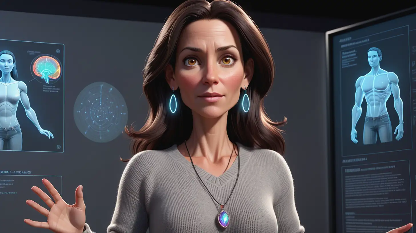 Highly detailed, fantastical style animation with vibrant colors and dramatic, soft lighting, of a 45-year-old woman named Sarah. She has an average build, is 5'6" tall, with dark brown, shoulder-length, straight hair, hazel brown eyes, an oval-shaped face and a light complexion. She is wearing casual, comfortable attire including a light grey sweater and jeans, small earrings and a pendant necklace. Sarah is explaining a case study with a holographic display of athletes and neural pathways.