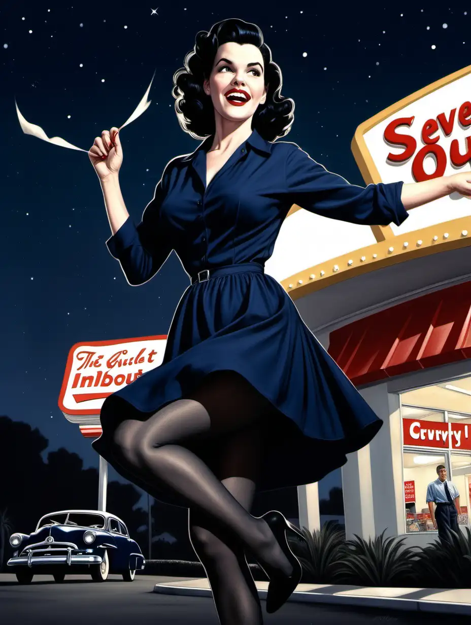 Laura Mennell, 1950s , curvy, [Highly Detailed] Dark comic art style, below angle, short flowy navy shirtdress, giggle, navy pantyhose, The Seven Year Itch pose in front of In-N-Out, night