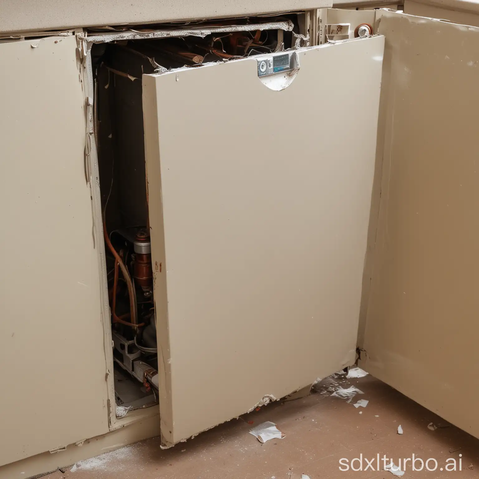 a broken boiler in a cupboard