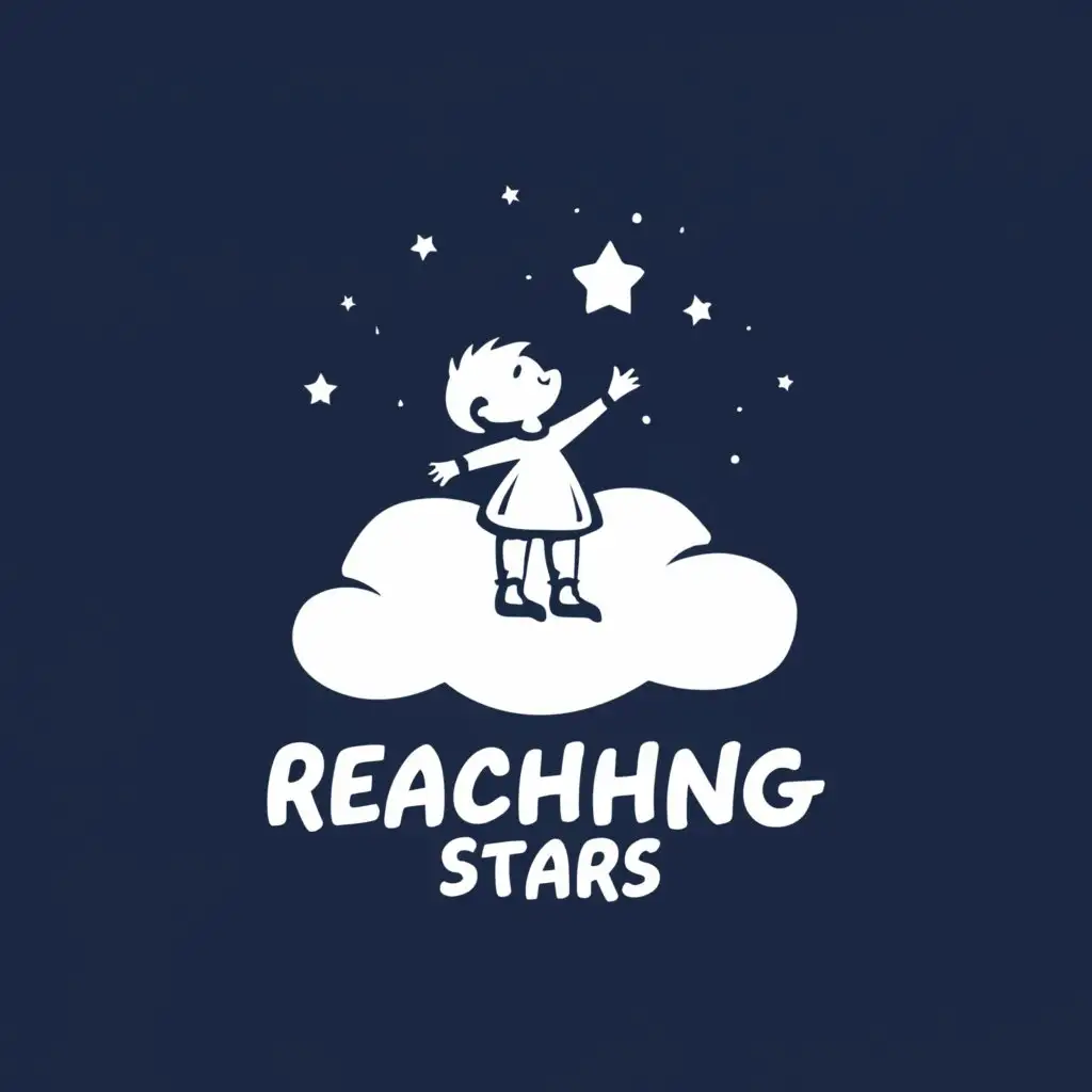 a logo design,with the text "reaching stars", main symbol:child standing on clouds trying to stars,Minimalistic,be used in Entertainment industry,clear background