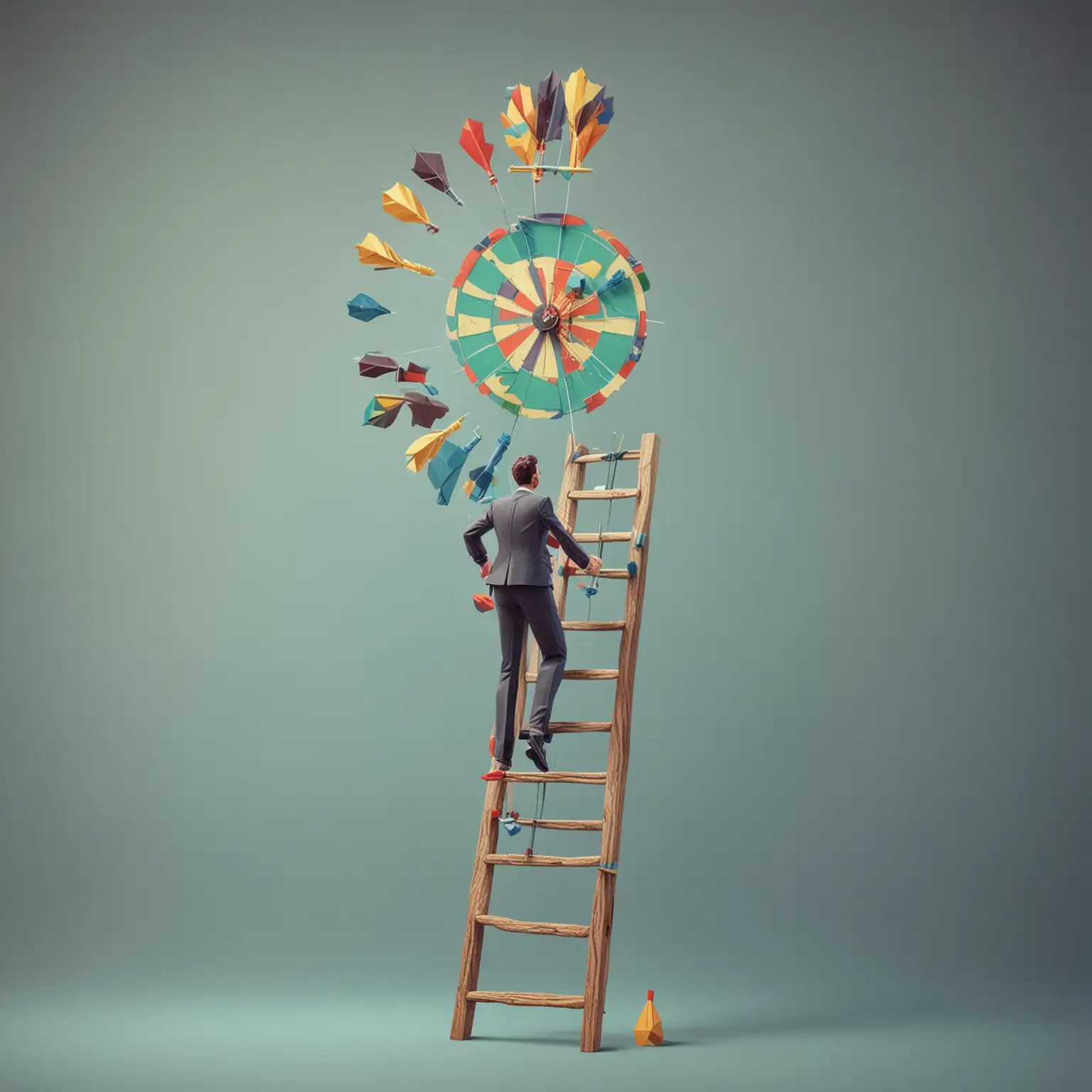 Concept of successful steps to achieve business goals, challenge concept, cheerful businessman carrying darts on ladder to reach dartboard target. developing a journey or goal to achieve a goal. in low poly carbon theme