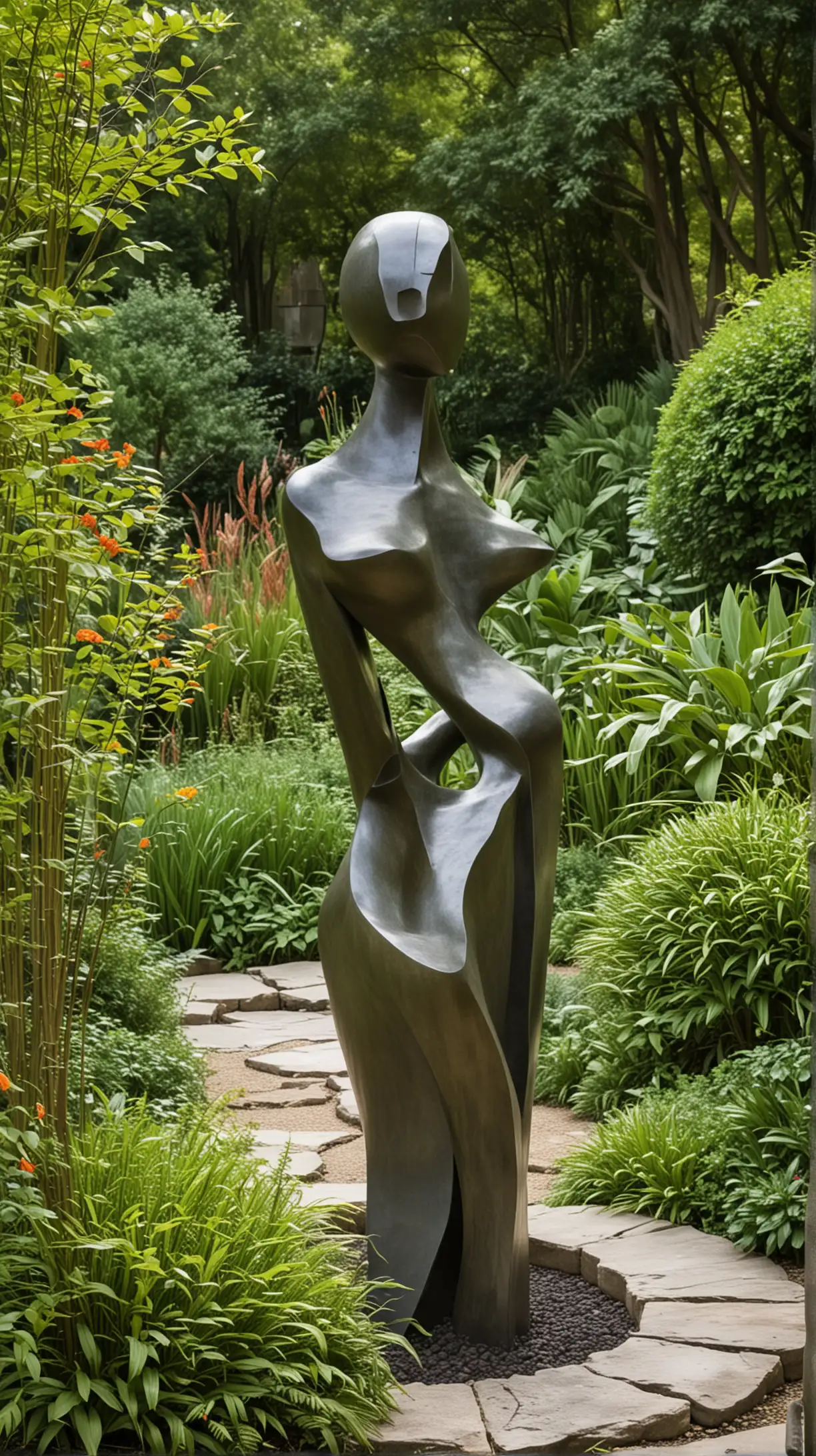 An artistic outdoor sculpture garden featuring various abstract and figurative sculptures, set among a well-landscaped garden.