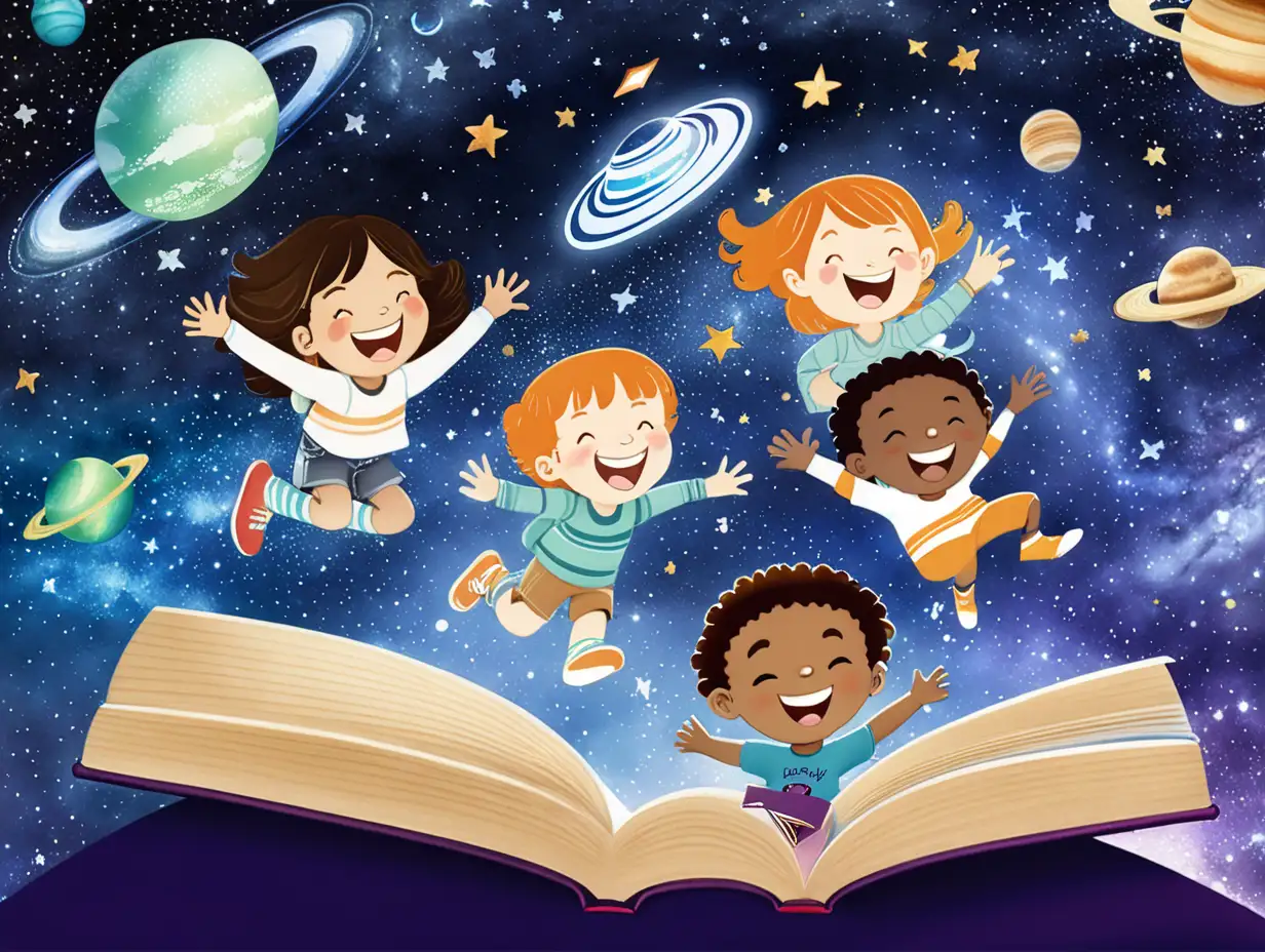 Joyful Children Playing in a Galaxy of Floating Books