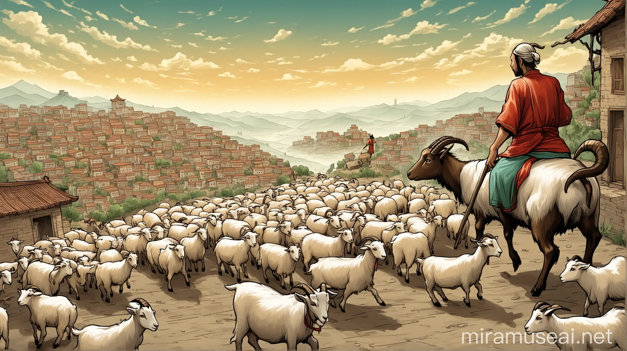 But one day, goat realized that the shepherd and the villagers were searching for it. The Chinese Goat had to flee again, this time towards a big city.