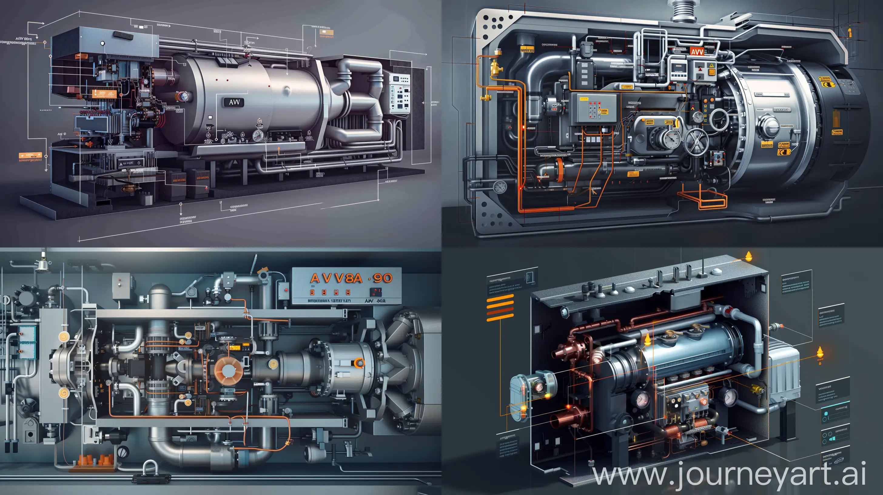A detailed conceptual illustration representing the inner workings and key characteristics of the AGV 80 gas boiler, translated from Russian. The image showcases a cross-sectional view of the boiler, revealing its internal structure and functionality with labeled components such as heat exchangers, burners, control panels, and circulation pumps. The visualization highlights the advantages and disadvantages of the AGV 80 compared to similar models, emphasizing factors like energy efficiency, maintenance requirements, and performance. The scene is rendered with a technical aesthetic, utilizing a color palette that contrasts metallic components with functional indicators. This composition aims to convey the complexity and design sophistication of the AGV 80, offering insights into its market price and availability.  --ar 16:9