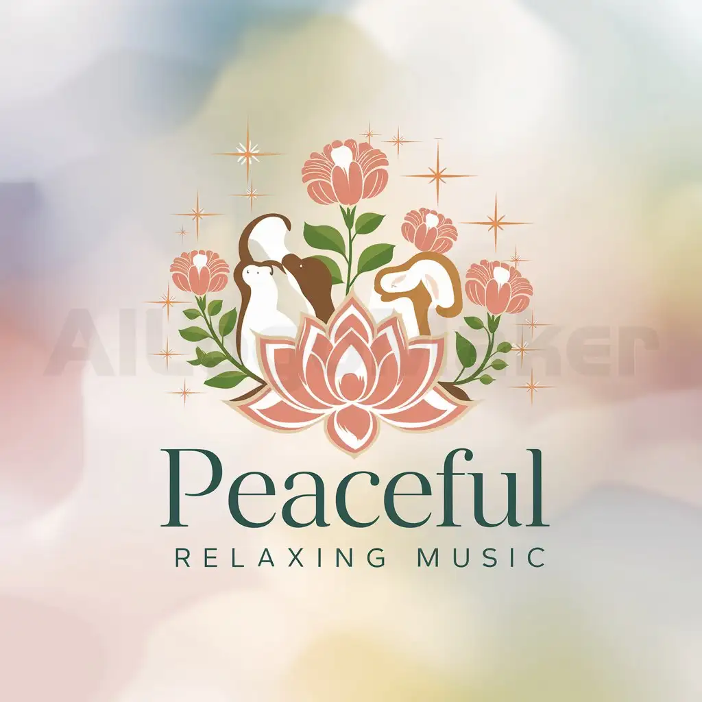 a logo design,with the text 'Peaceful Relaxing Music', main symbol:flowers animals lotus stars,Moderate,be used in Beauty Spa industry,with background