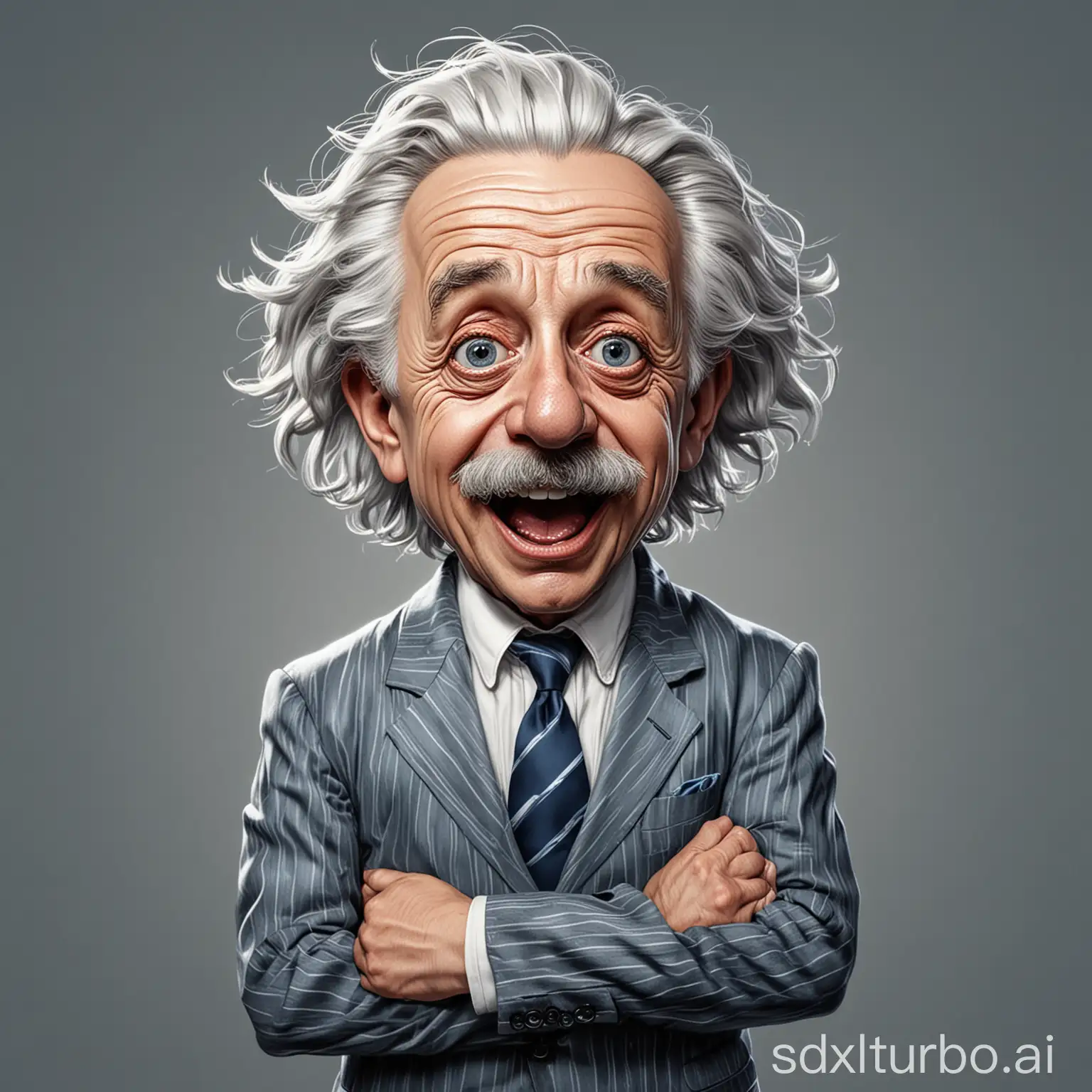 Cartoon caricature of Albert Einstein on a white background in a vector art style suitable for a t-shirt design. He is wearing a suit and tie with blue stripes on the sleeves, arms crossed across his chest. he's screaming, his mouth open. He has white hair in an elegant wave style with gray streaks and a clean shaven face. His eyes are bright with wide open pupils and his facial features are exaggerated. It is a full body shot at a high resolution, in the style of caricatures.