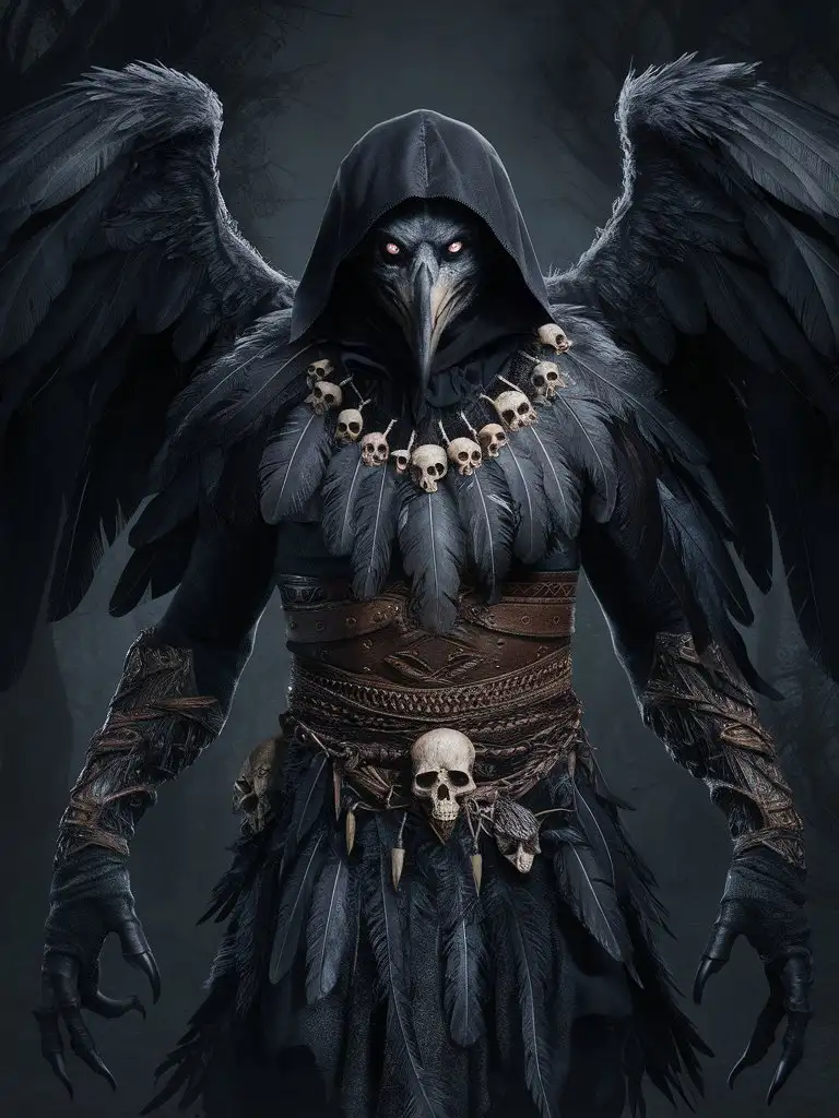 Raven-man hybrid, black wings, black hood, leather armour, dark, malevolent, feather necklace, bones, blood hunter