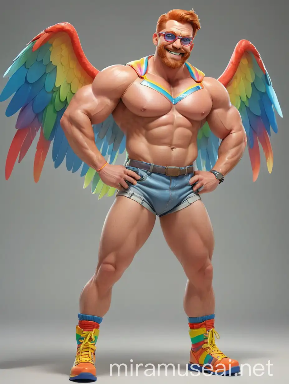 Muscular RedHeaded Bodybuilder Daddy Flexing in Rainbow Eagle Wings Jacket