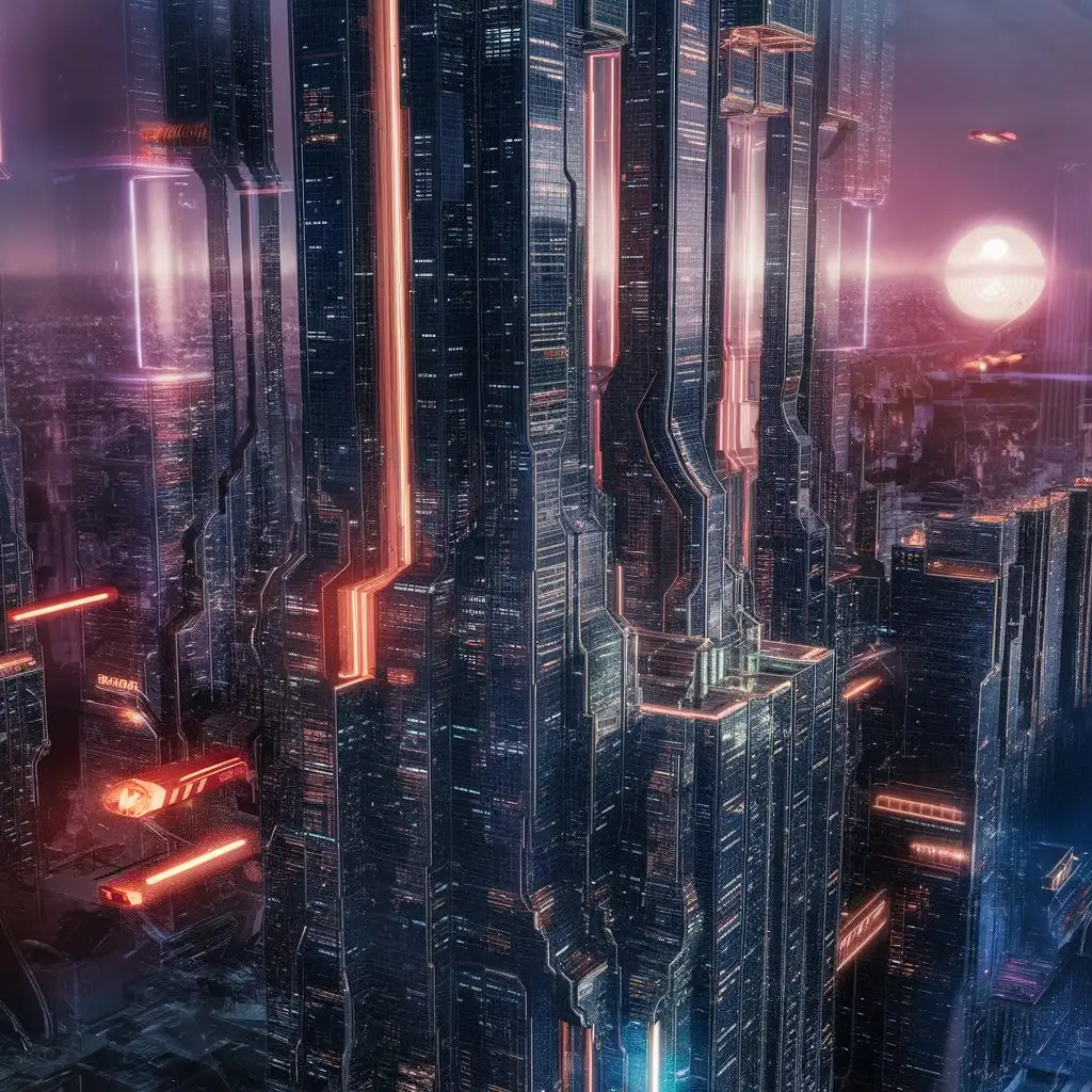 A futuristic city with towering skyscrapers and flying cars