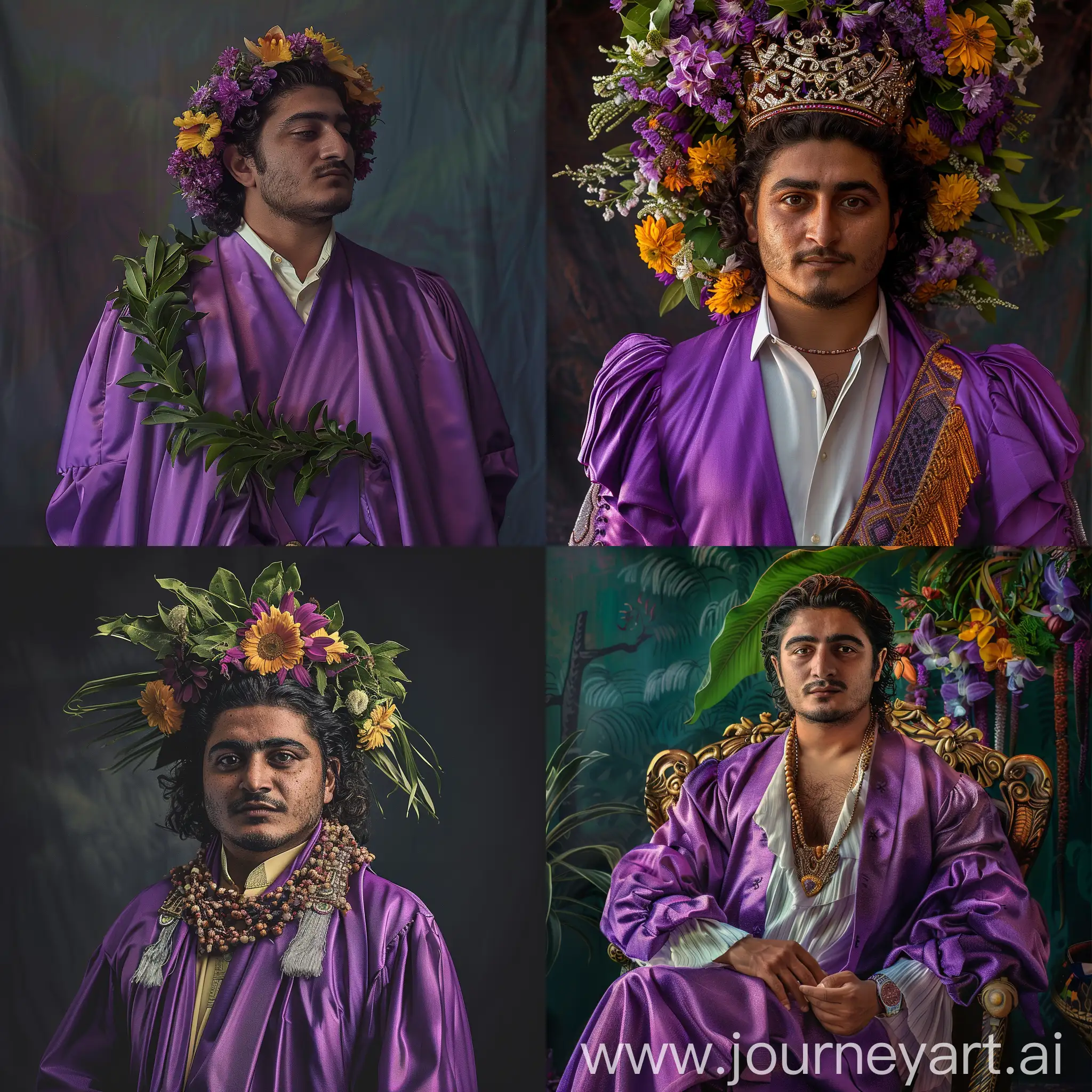 Elegant-Portrait-in-Purple-Imperial-Robe-with-South-American-Flower-Wreath