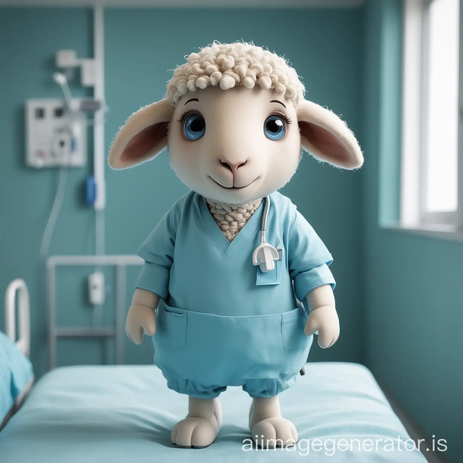A sheep character human with background color blue in hospital