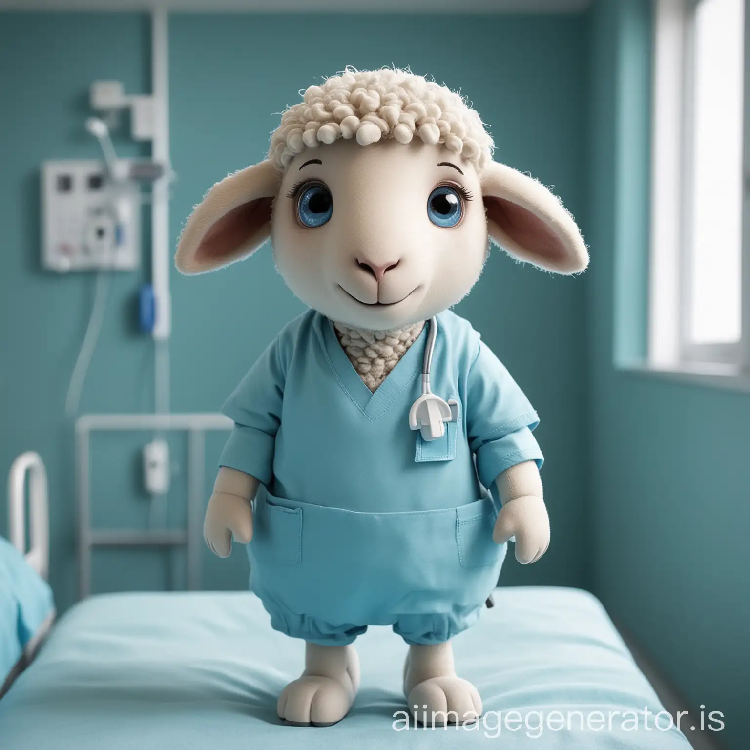 A sheep character human with background color blue in hospital
