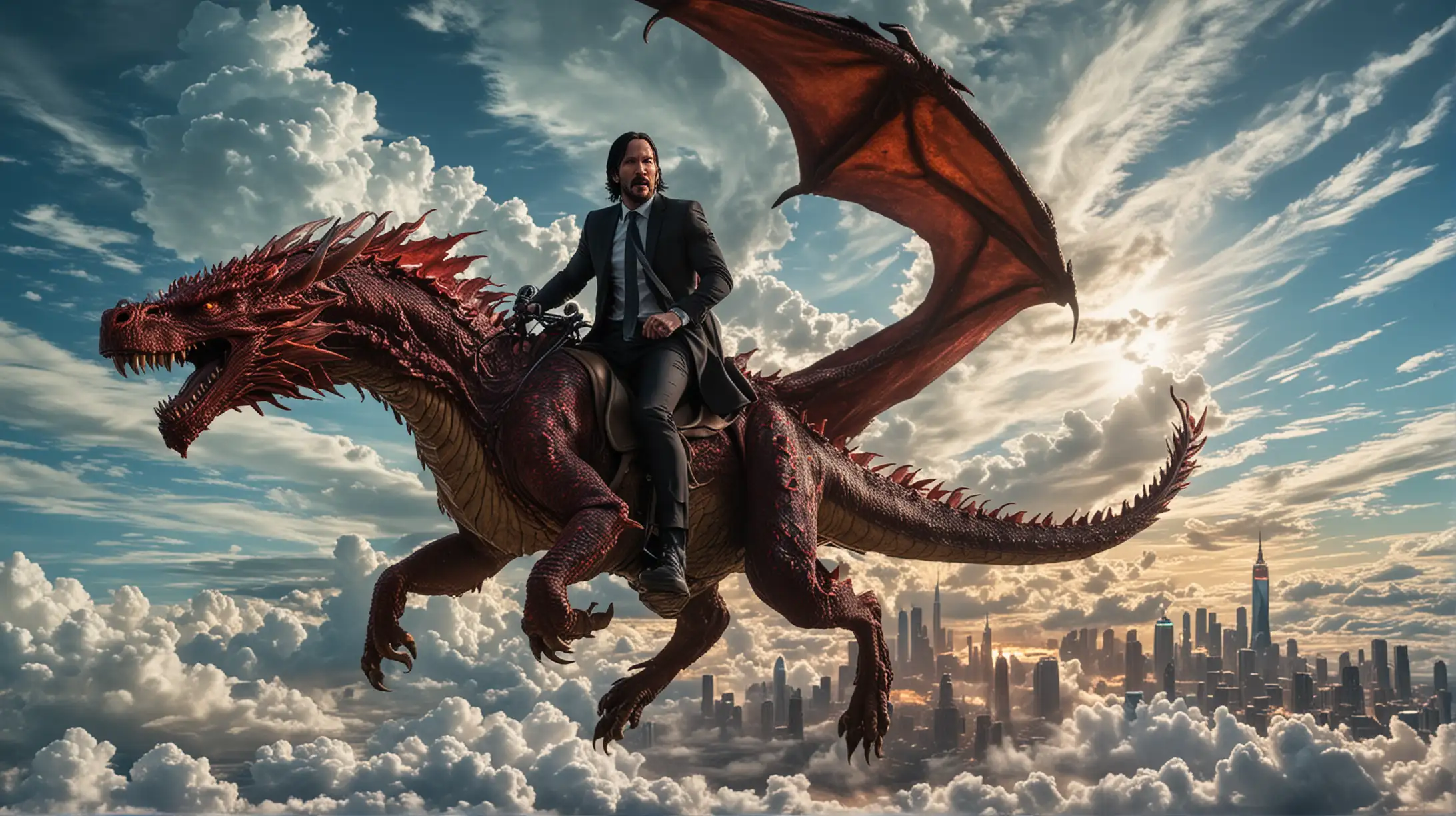 John Wick riding a dragon in the sky