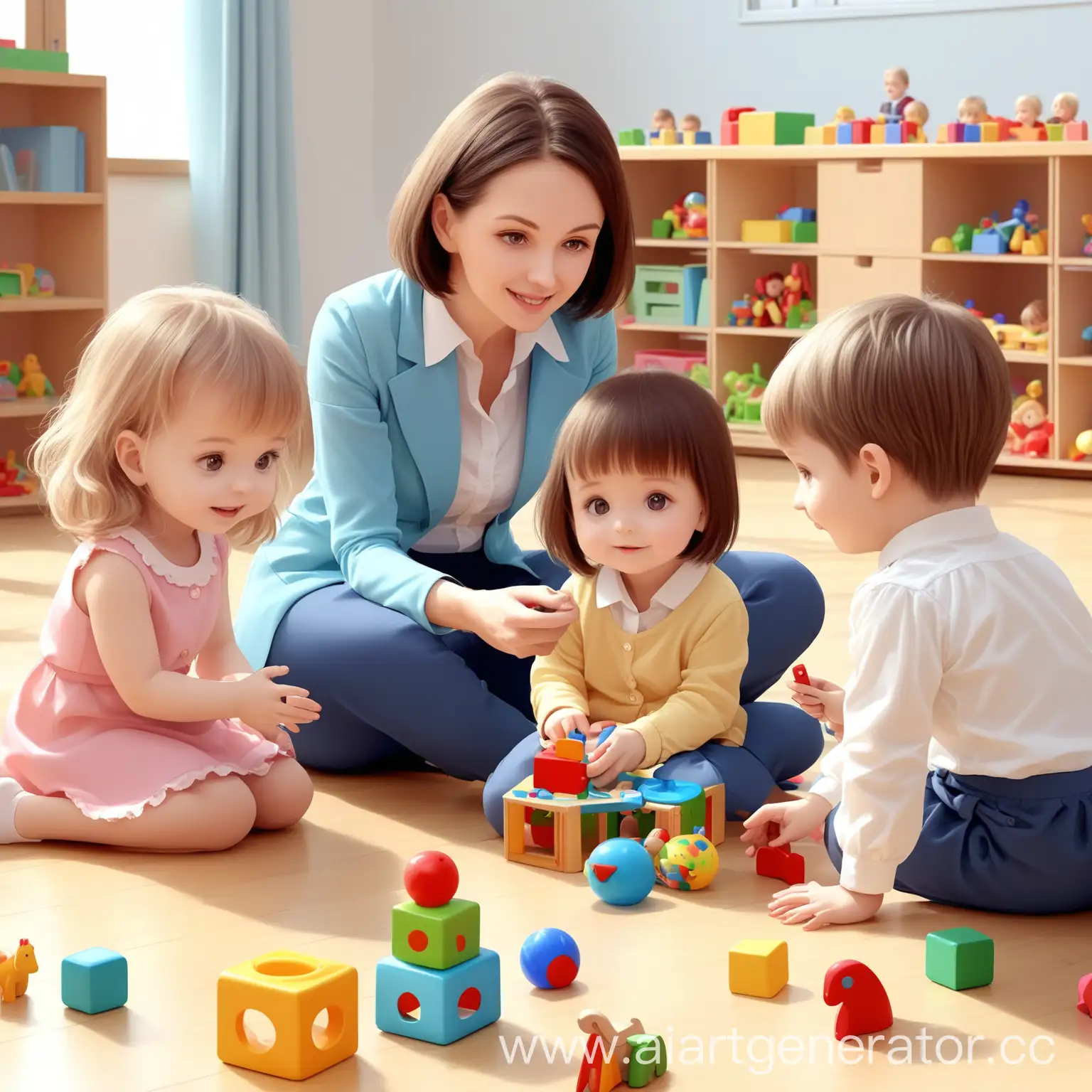 kindergarden with five happy children. children play toys and comunicate. two children site on floor and plays toys. three children play with teacher at the table. 
childerens' face are  natural cute. and teacher with them