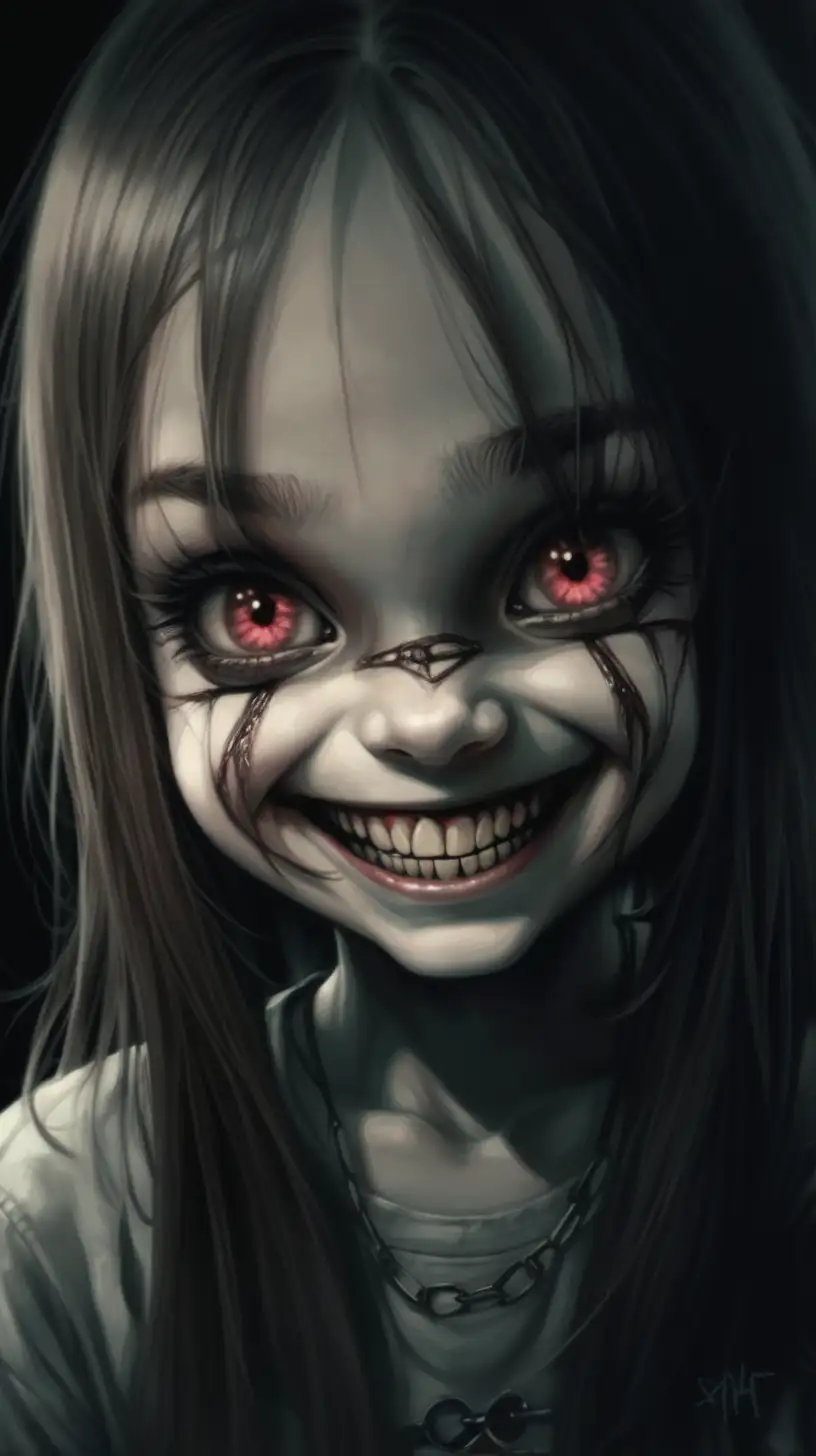 Sinister creepy smiling girl gets all up in your face.
