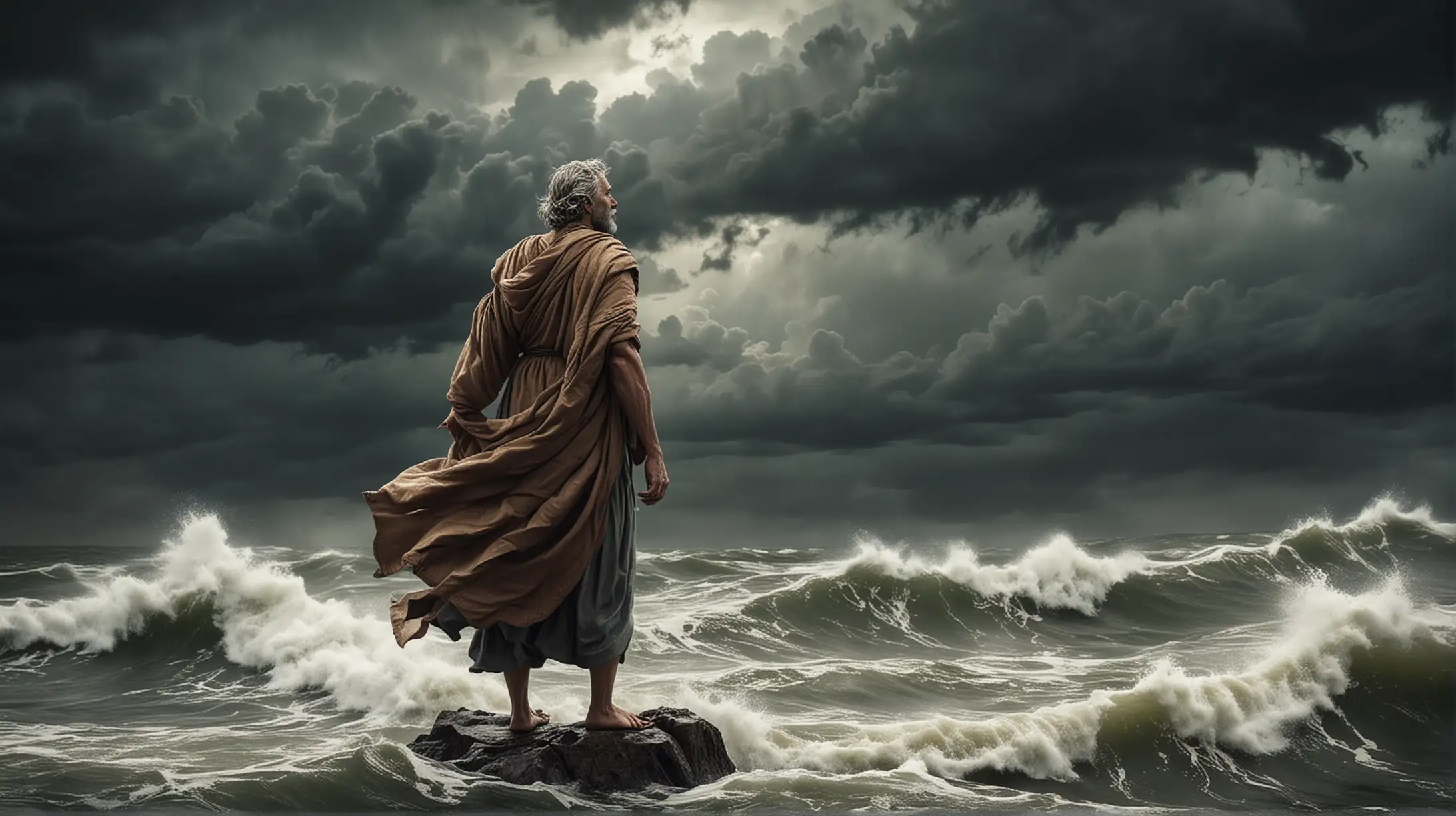 Stoic Philosopher Demonstrating Resilience Amidst Stormy Weather