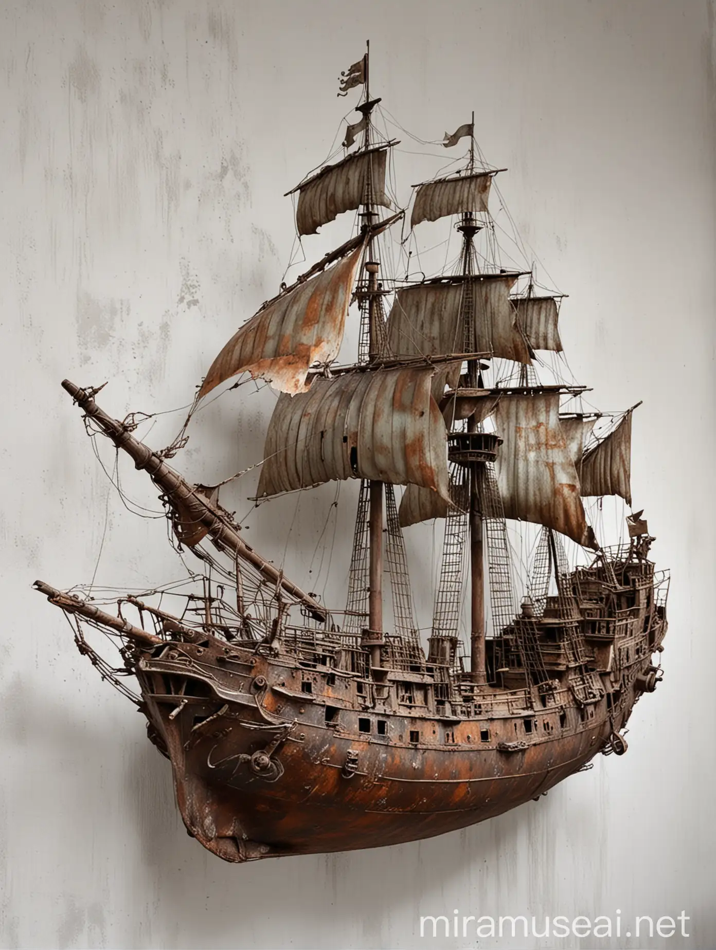 i want a wall sculture of an authentic ship, in a bit of rusted metal, silver, very artistic on a white wall of an office. want picture to be reasltic. 
this ship can be gathered in pieces and abit abstraced 