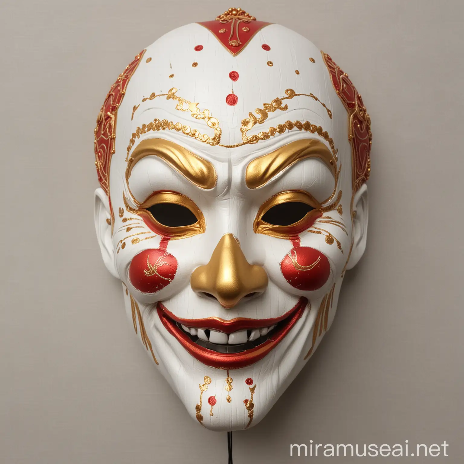 Japanese White Clown Man Mask with Ornate Gold and Red Accents